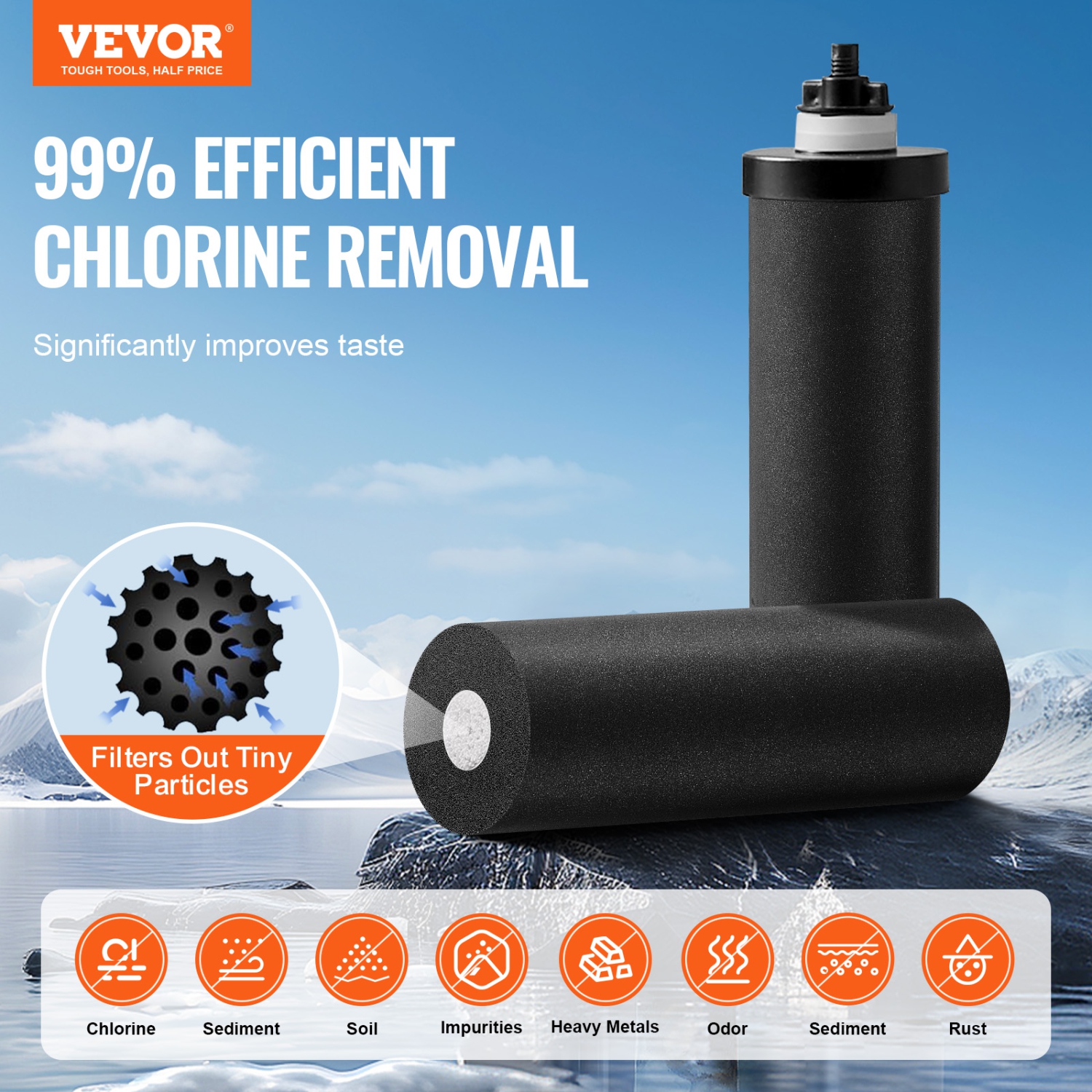 VEVOR 2.25G Gravity-fed Water Filter System, 304 Stainless-Steel Countertop System, Reduces Lead and up to 99% of Chlorine, with 2 Carbon Filters,