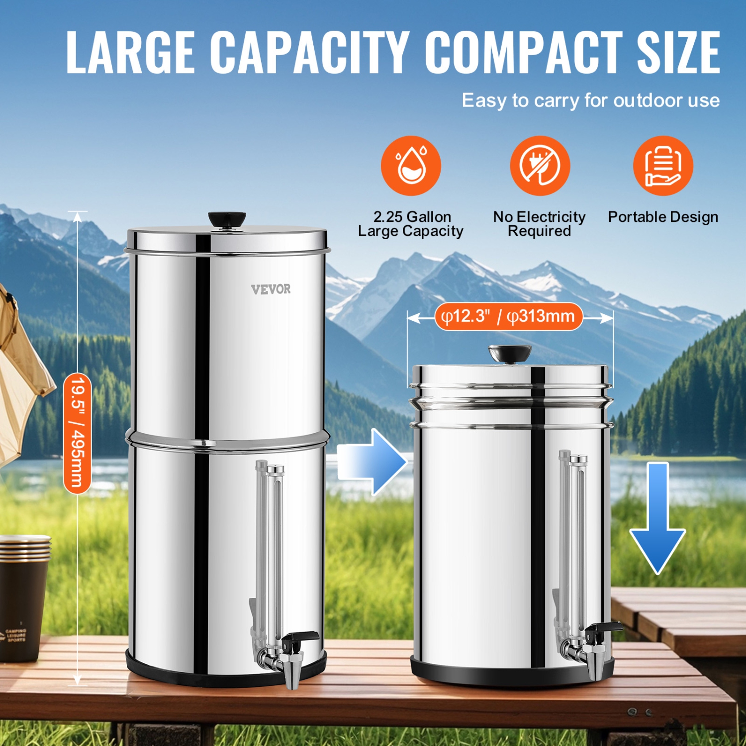 VEVOR 2.25G Gravity-fed Water Filter System, 304 Stainless-Steel Countertop System, Reduces Lead and up to 99% of Chlorine, with 2 Carbon Filters,