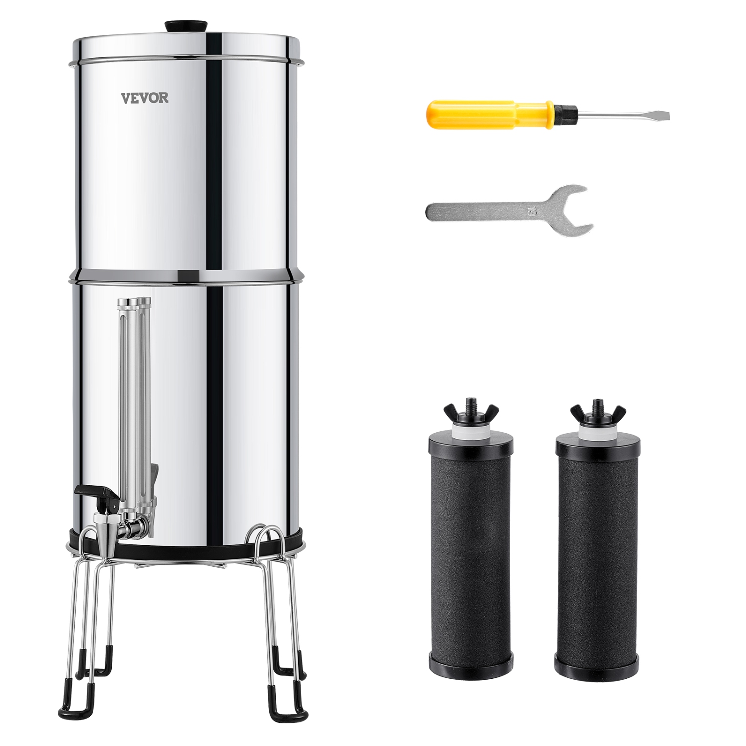 VEVOR 2.25G Gravity-fed Water Filter System,304 Stainless-Steel Countertop System, Reduces Lead and up to 99% of Chlorine, with 2 Carbon Filters,