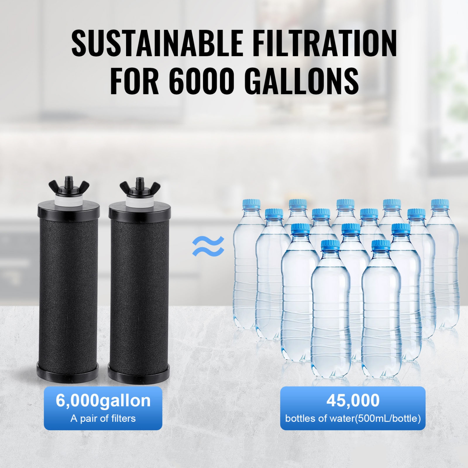 VEVOR 2.25G Gravity-fed Water Filter System,304 Stainless-Steel Countertop System, Reduces Lead and up to 99% of Chlorine, with 2 Carbon Filters,
