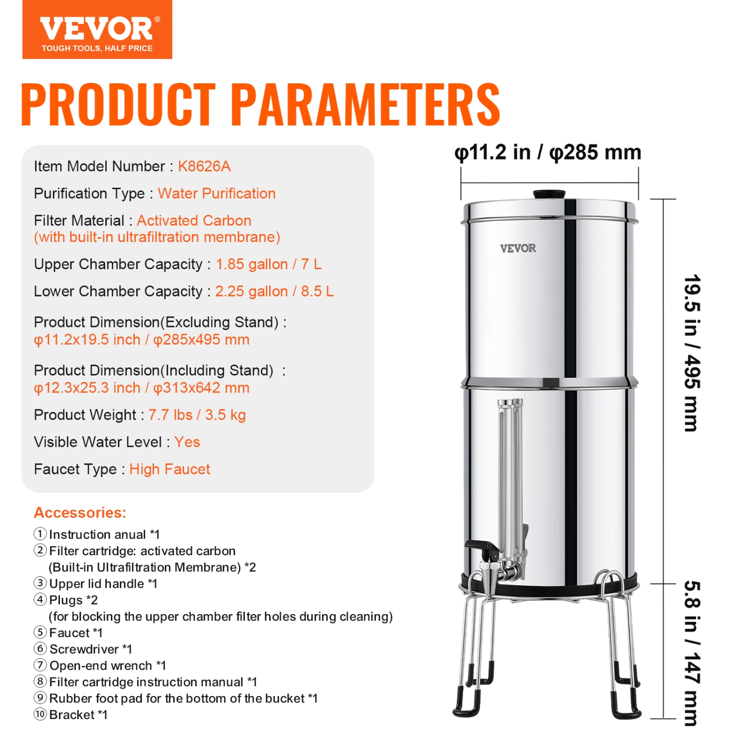 VEVOR 2.25G Gravity-fed Water Filter System,304 Stainless-Steel Countertop System, Reduces Lead and up to 99% of Chlorine, with 2 Carbon Filters,