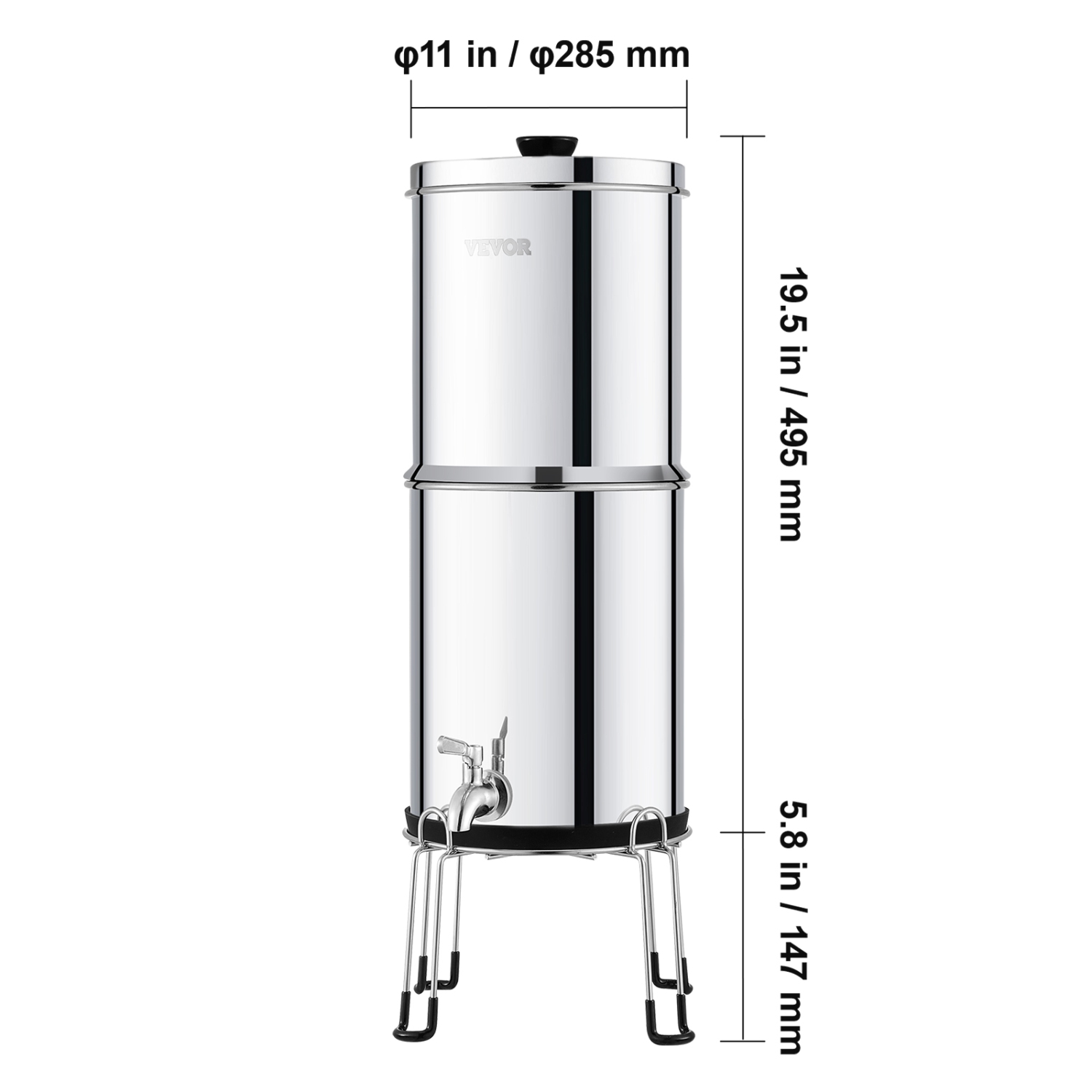 VEVOR 2.25G Gravity-fed Water Filter System, 304 Stainless-Steel, Reduces Lead and up to 99% of Chlorine, with 2 Carbon Filters/Spigot/Stand, for