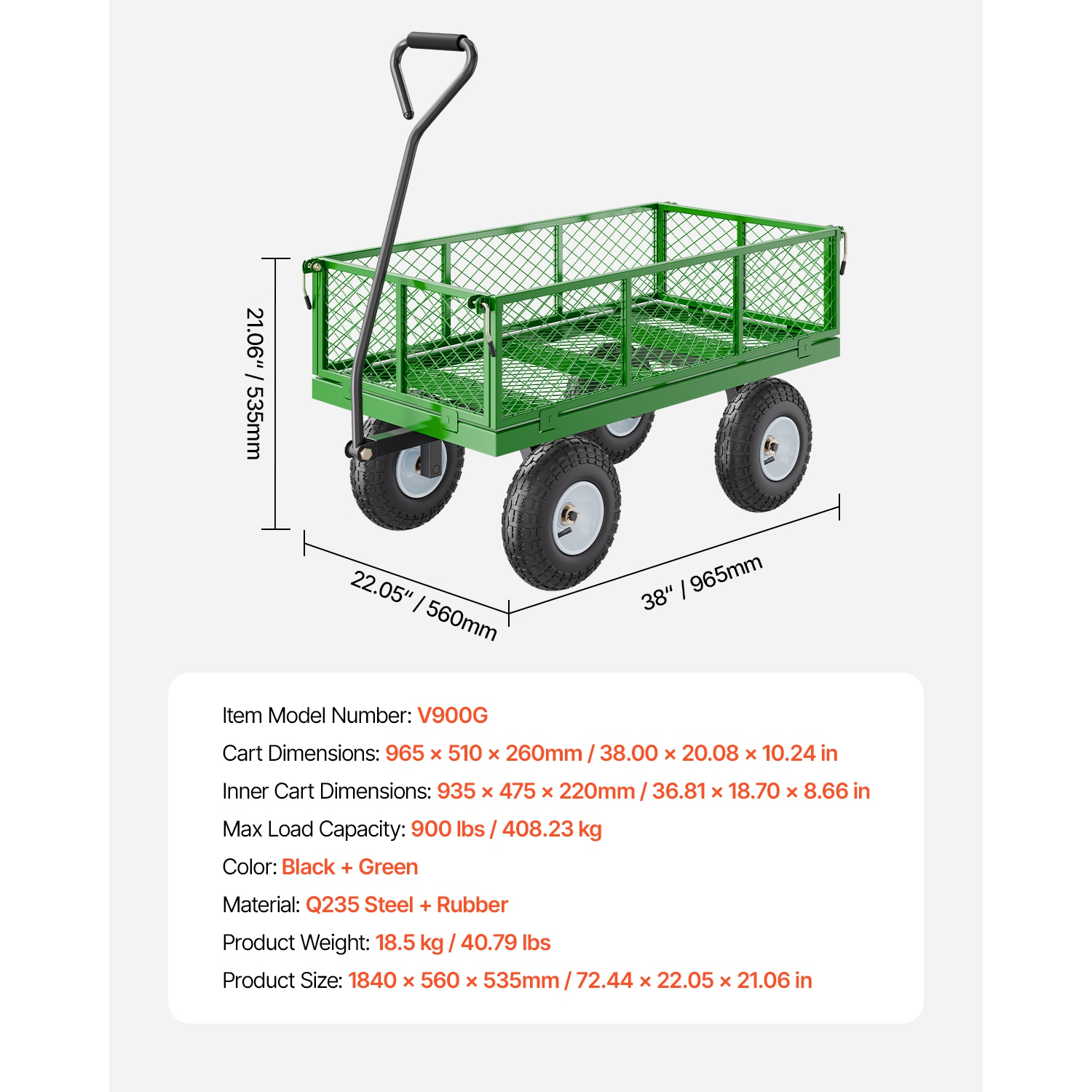 VEVOR 900 Lbs Steel Garden Cart on Wheels, Heavy Duty Pullable Yard Cart, Metal Utility Wagon with 10" Tires and Mesh Removable Sides(Convert to