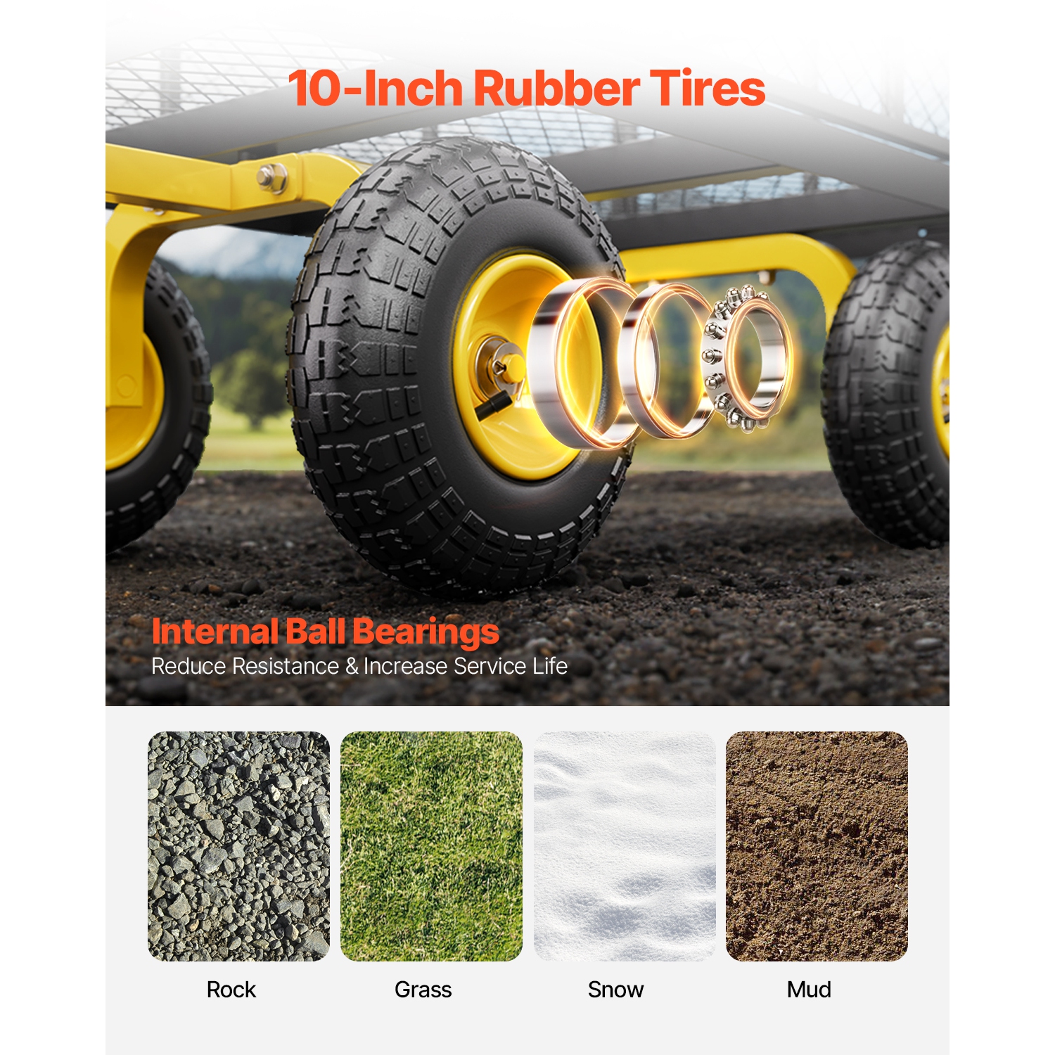 VEVOR 500 Lbs Steel Garden Cart, Heavy Duty Cart Pullable on Wheels, Metal Yard Utility Wagon Carts with 10" All Terrain Tires, Mesh Removable Sides