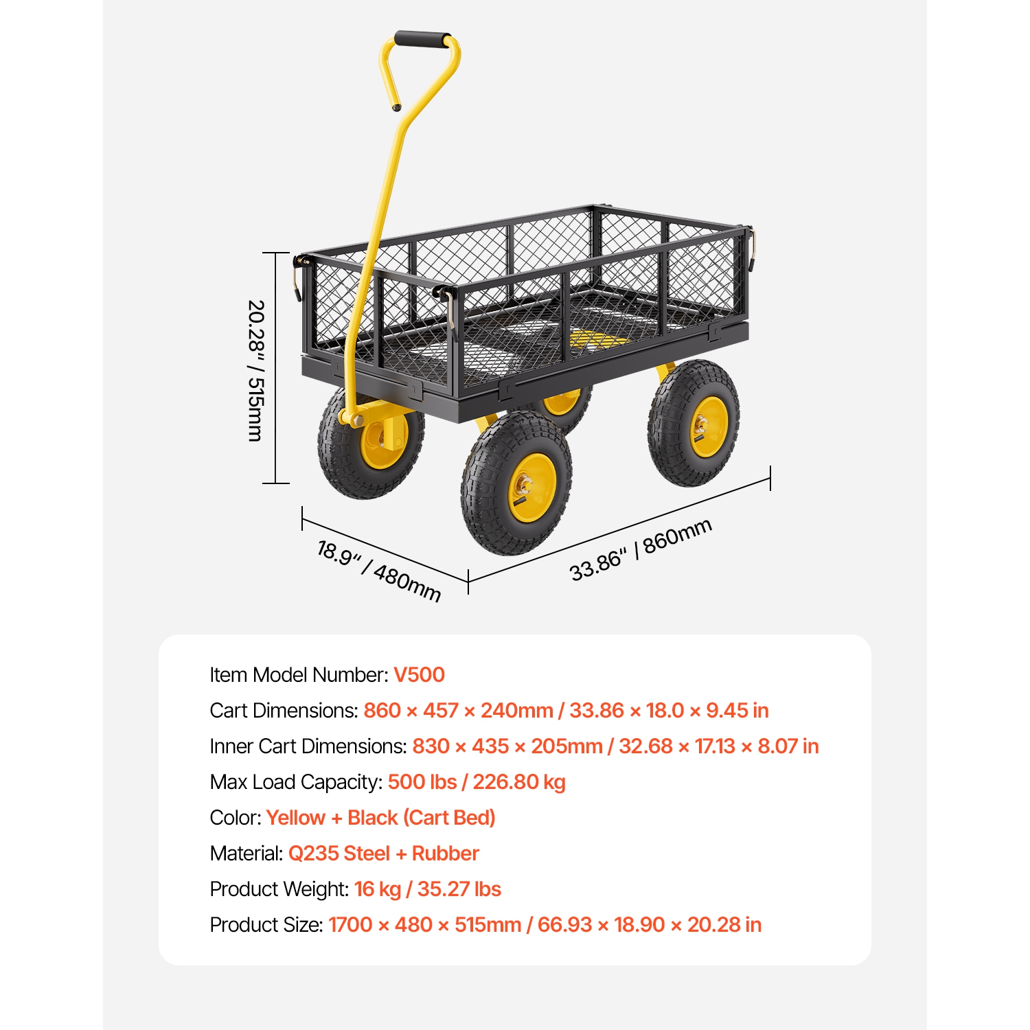 VEVOR 500 Lbs Steel Garden Cart, Heavy Duty Cart Pullable on Wheels, Metal Yard Utility Wagon Carts with 10" All Terrain Tires, Mesh Removable Sides