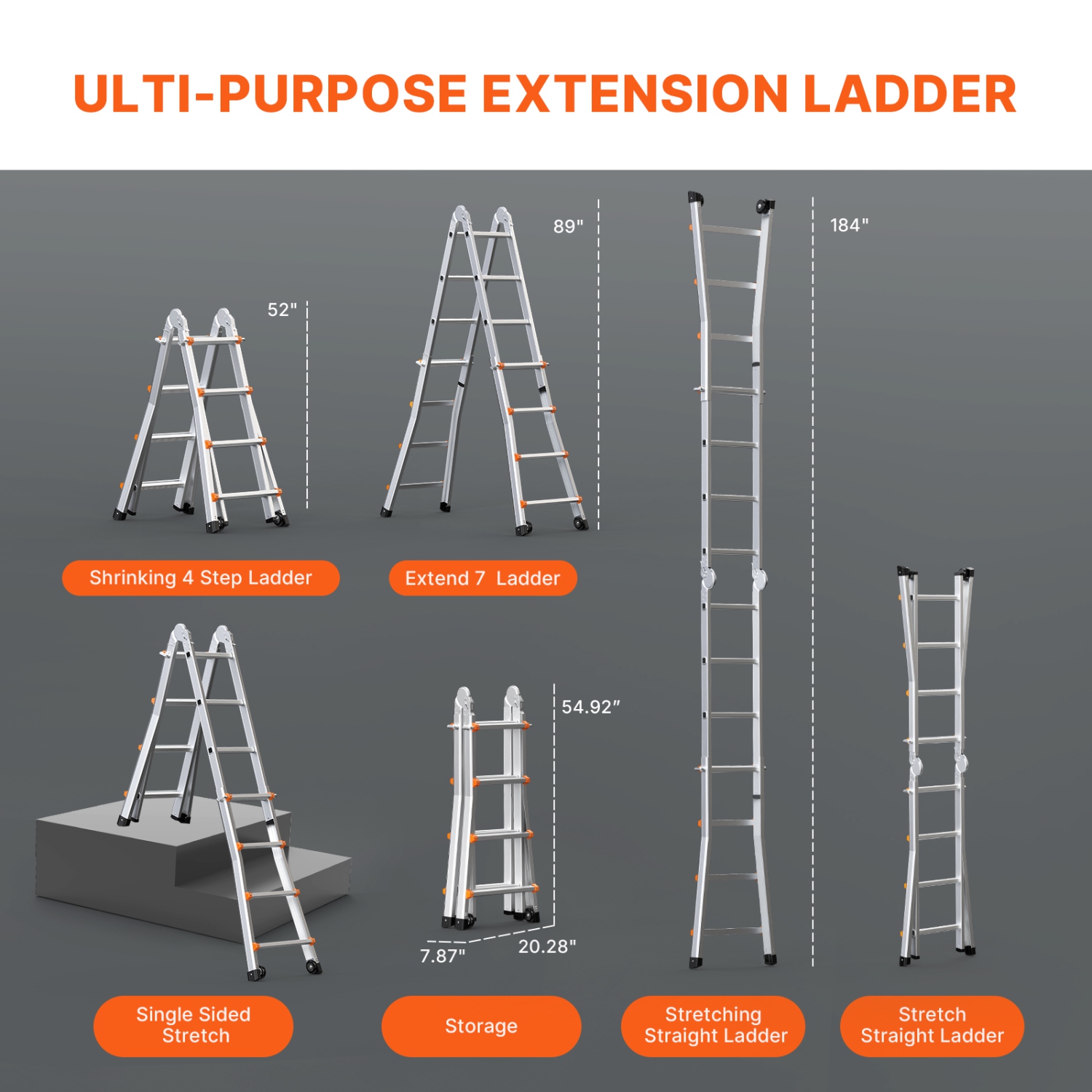 VEVOR 15.5 FT Telescoping Ladder A Frame, Aluminum Extension Ladder, Multi-Function Portable Collapsible RV Ladder, for Homework Stairs Indoor