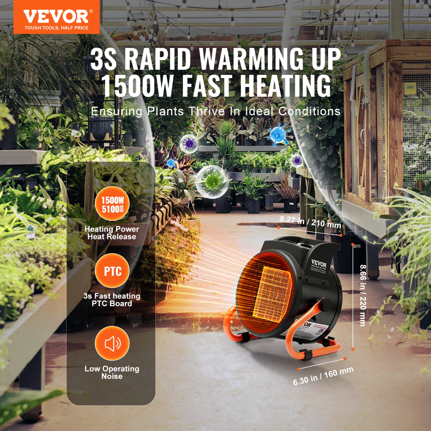 VEVOR 1500W Greenhouse Heater, PTC Fast Heating with Overheat Protection, 3-Speed Setting Tent Heater, Electric Portable Heater Fan for Green House,