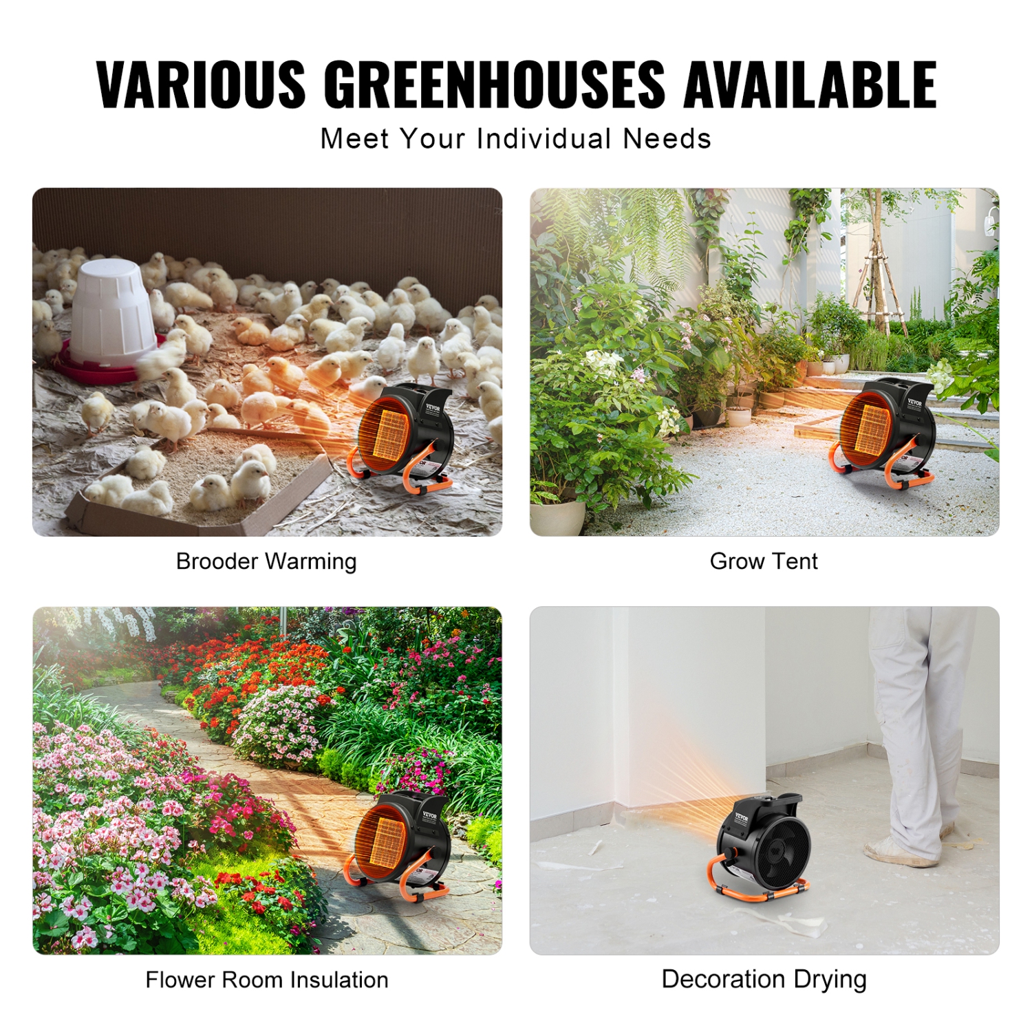 VEVOR 1500W Greenhouse Heater, PTC Fast Heating with Overheat Protection, 3-Speed Setting Tent Heater, Electric Portable Heater Fan for Green House,