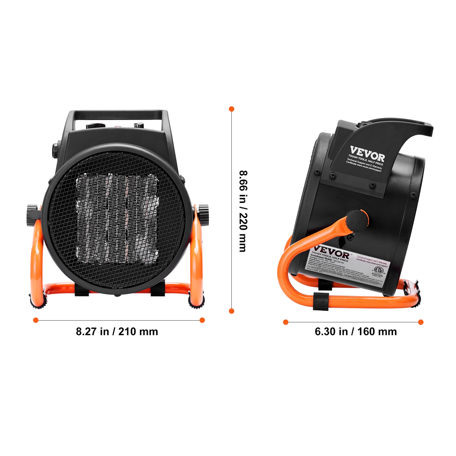 VEVOR 1500W Greenhouse Heater with Thermostat, PTC Fast Heating with Overheat Protection, 3-Speed Setting, Electric Portable Heater Fan for Green