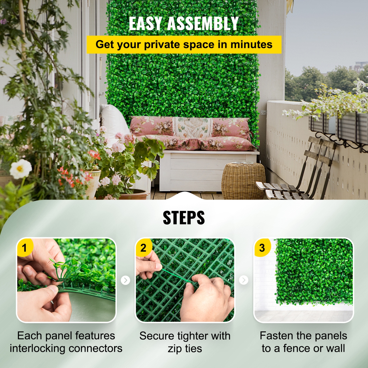 VEVOR 10X10" Artificial Boxwood Panel UV 48pcs Boxwood Hedge Wall Panels Artificial Grass Backdrop Wall 4cm Green Grass Wall Fake Hedge for Decor