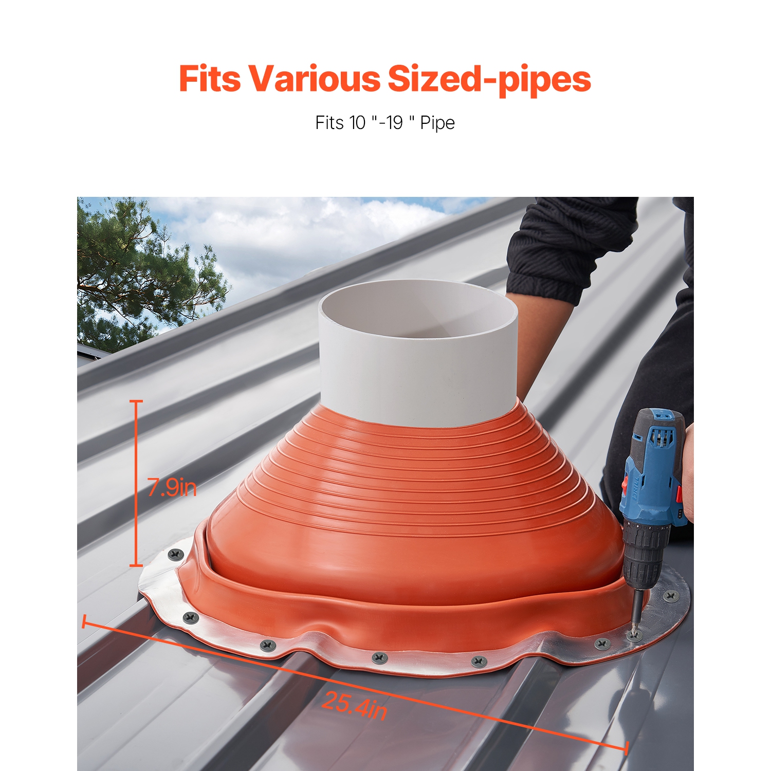 VEVOR Roof Pipe Flashing Boot, Fit Pipe OD 10" to 19", Flexible Silicone Roofing Jack Pipe Flashing, High Temp -101℉ to 437℉, Lasting Round Red Metal