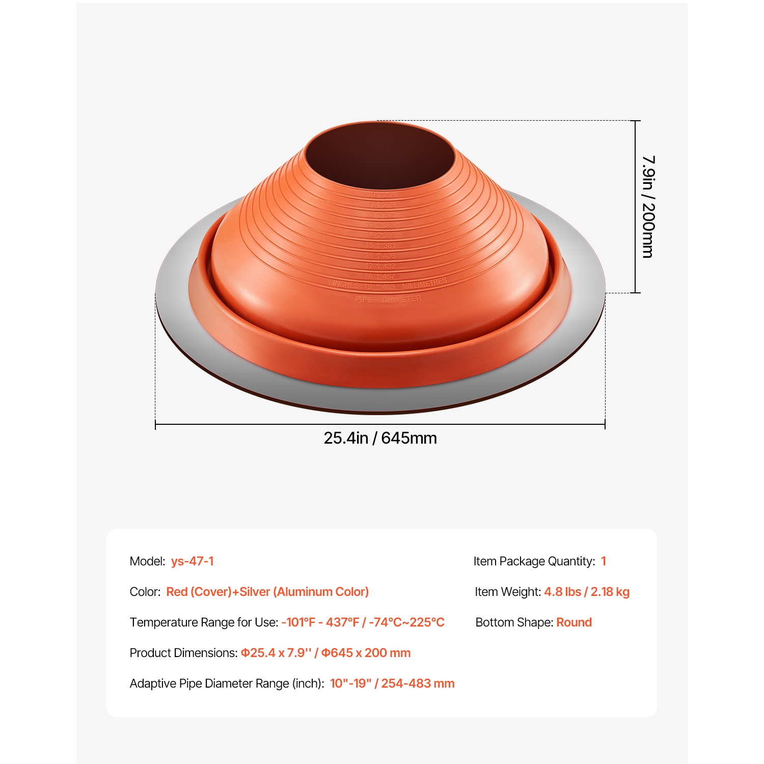 VEVOR Roof Pipe Flashing Boot, Fit Pipe OD 10" to 19", Flexible Silicone Roofing Jack Pipe Flashing, High Temp -101℉ to 437℉, Lasting Round Red Metal