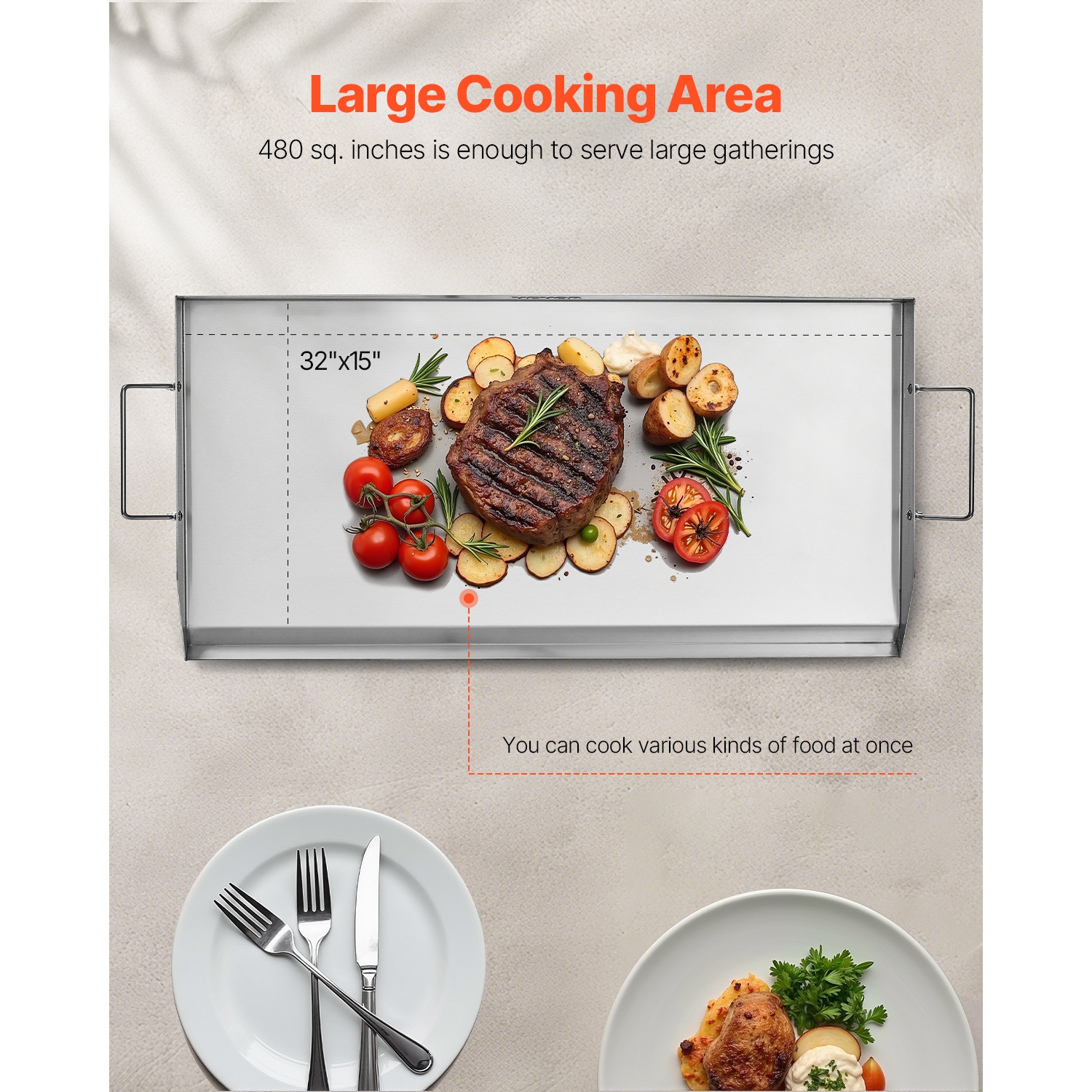 VEVOR 32x16 inch Stainless Steel Griddle, Universal Flat Top Rectangular Plate, Gas Grill Griddle for BBQ Grill, Teppanyaki, Portable Family Cookware