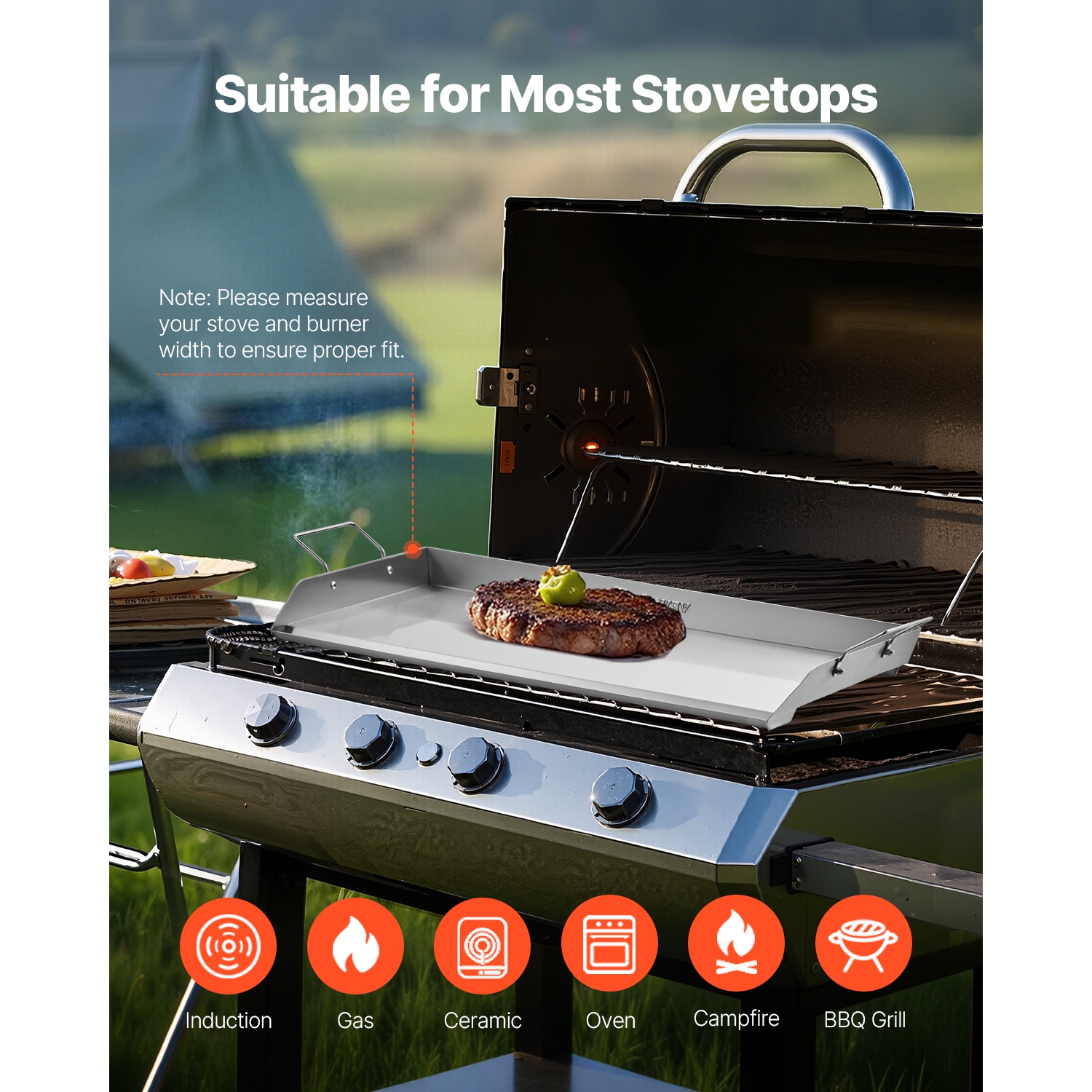 VEVOR 32x16 inch Stainless Steel Griddle, Universal Flat Top Rectangular Plate, Gas Grill Griddle for BBQ Grill, Teppanyaki, Portable Family Cookware