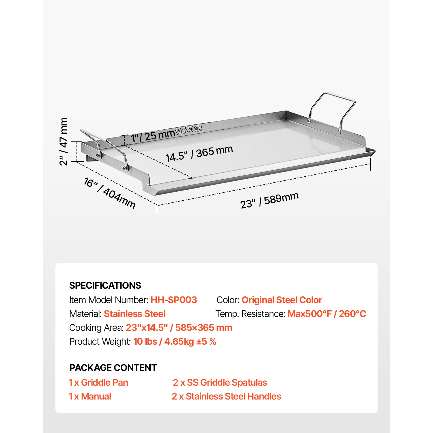VEVOR 23x16 inch Stainless Steel Griddle, Universal Flat Top Rectangular Plate, Gas Grill Griddle for BBQ Grill, Teppanyaki, Portable Family Cookware