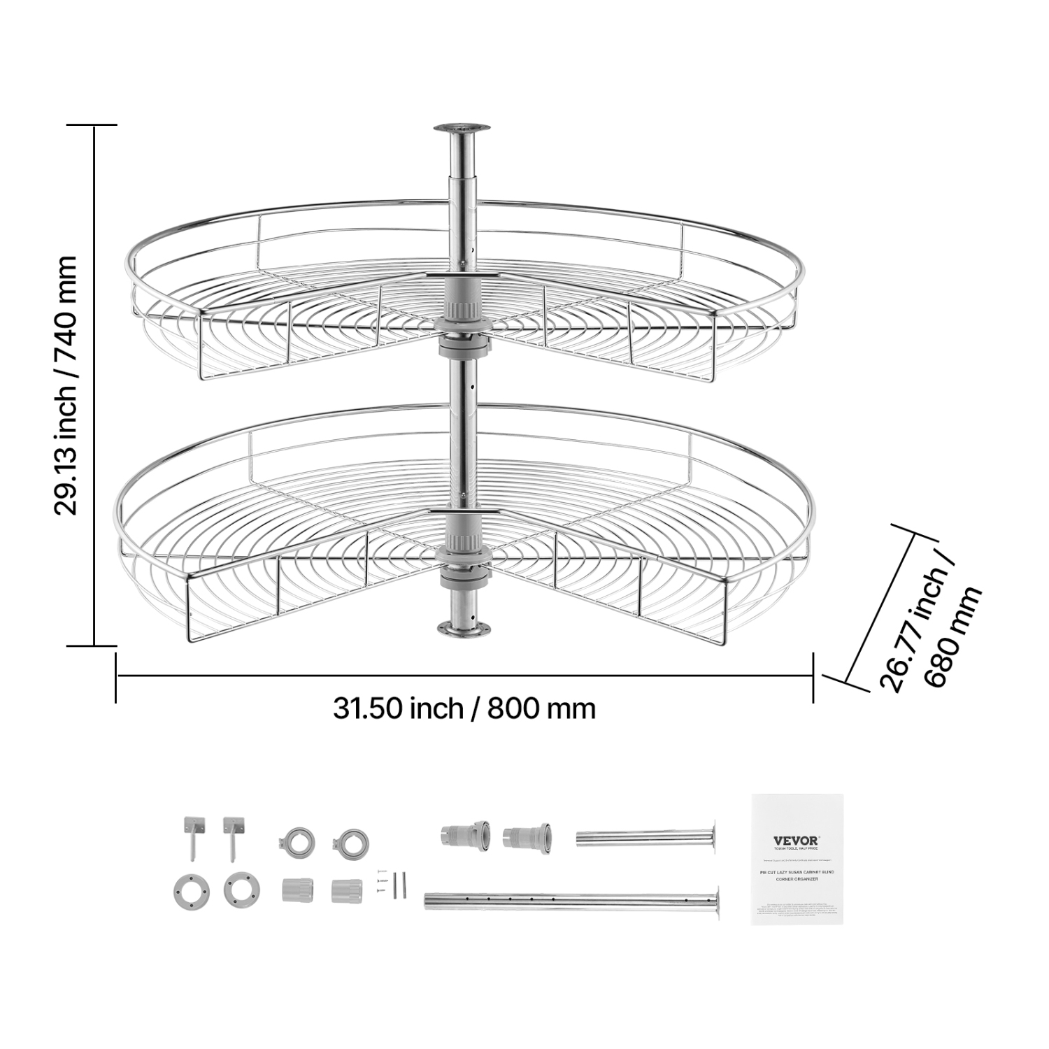 VEVOR 31.5" Kidney Shaped Chrome Corner Organizer, 360° Rotatble Kitchen Base Cabinet Blind Corner, 2 Tier Height Adjustable Storage Rack, Carbon