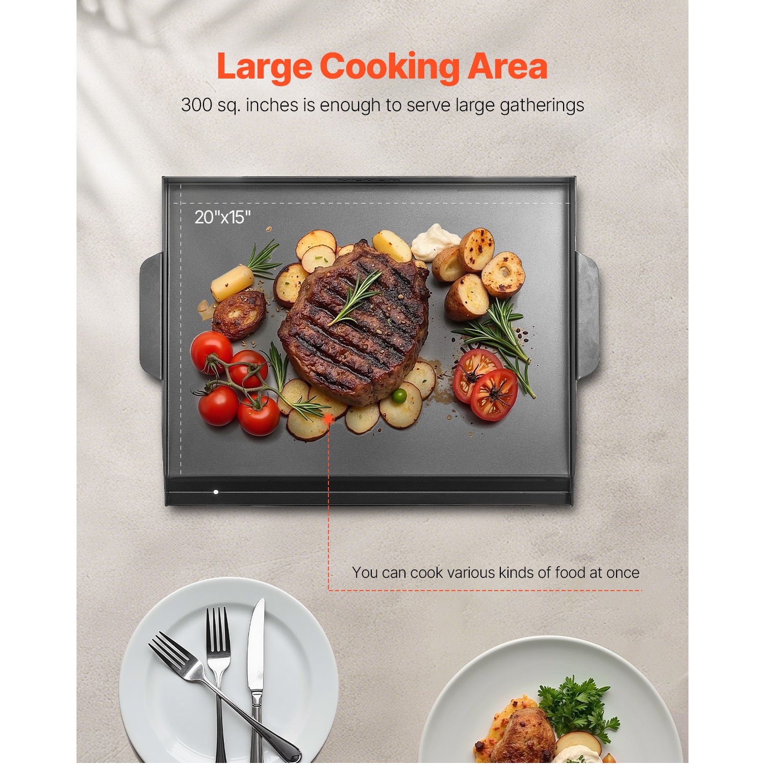 VEVOR 22x16 inch Carbon Steel Griddle, Universal Flat Top Rectangular Plate, Gas Grill Griddle for BBQ Grill, Teppanyaki, Portable Family Cookware,