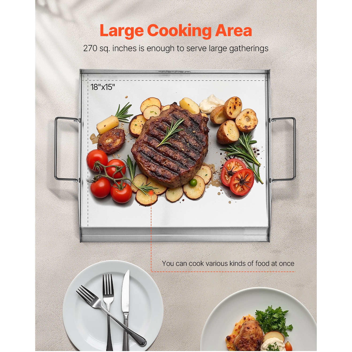 VEVOR 18x16 inch Stainless Steel Griddle, Universal Flat Top Rectangular Plate, Gas Grill Griddle for BBQ Grill, Teppanyaki, Portable Family Cookware