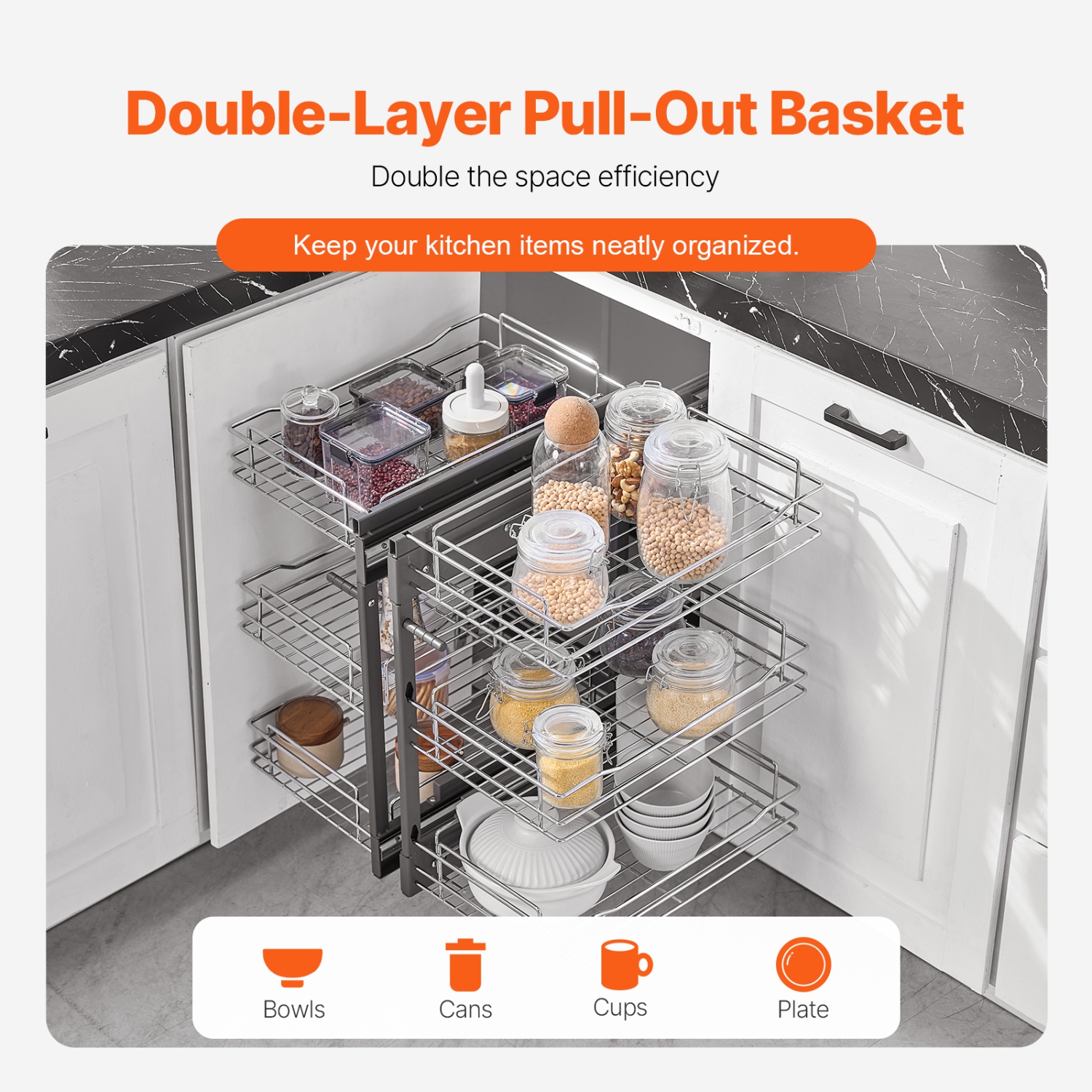 VEVOR Min 15"W Opening Blind Corner Pull Out Organizer, 3 Tier 6 Shelf Kitchen Cabinet Organizer, Chrome Carbon Steel Storage Basket, Slide Out