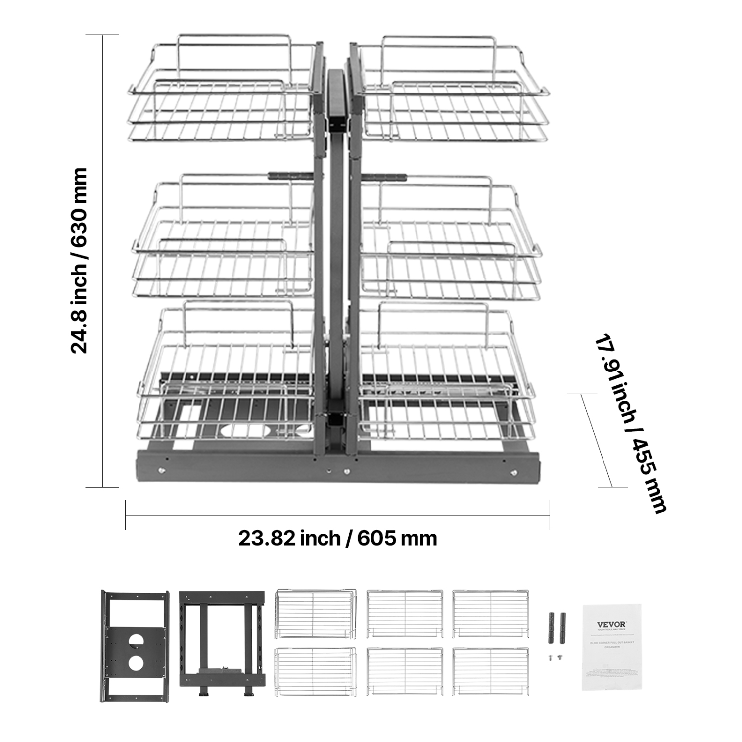 VEVOR Min 15"W Opening Blind Corner Pull Out Organizer, 3 Tier 6 Shelf Kitchen Cabinet Organizer, Chrome Carbon Steel Storage Basket, Slide Out
