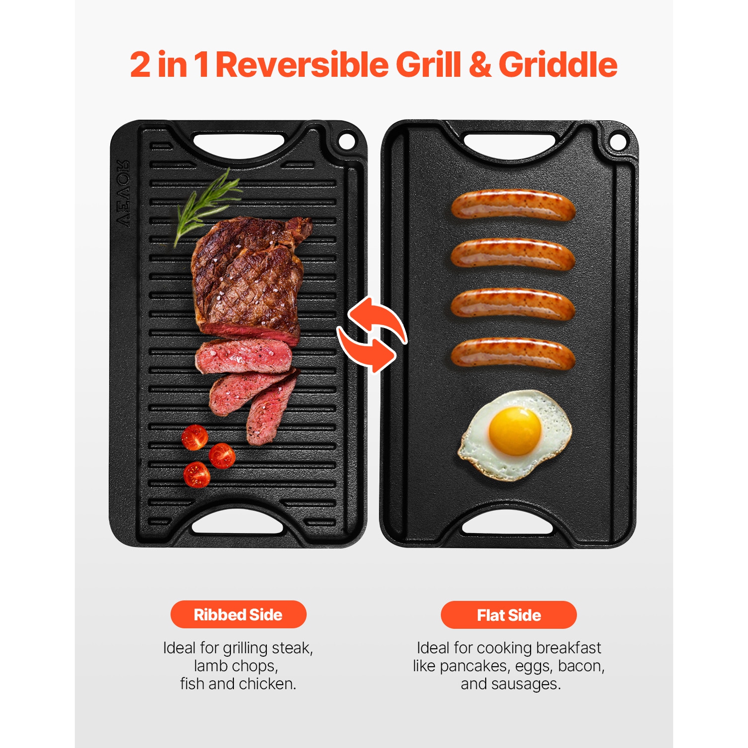 VEVOR 14x8.5 inch Reversible Grill/Griddle, Pre-Seasoned Cast Iron Griddle, Portable Rectangular Pan with Handle, Family Cookware for Indoor/Outdoor