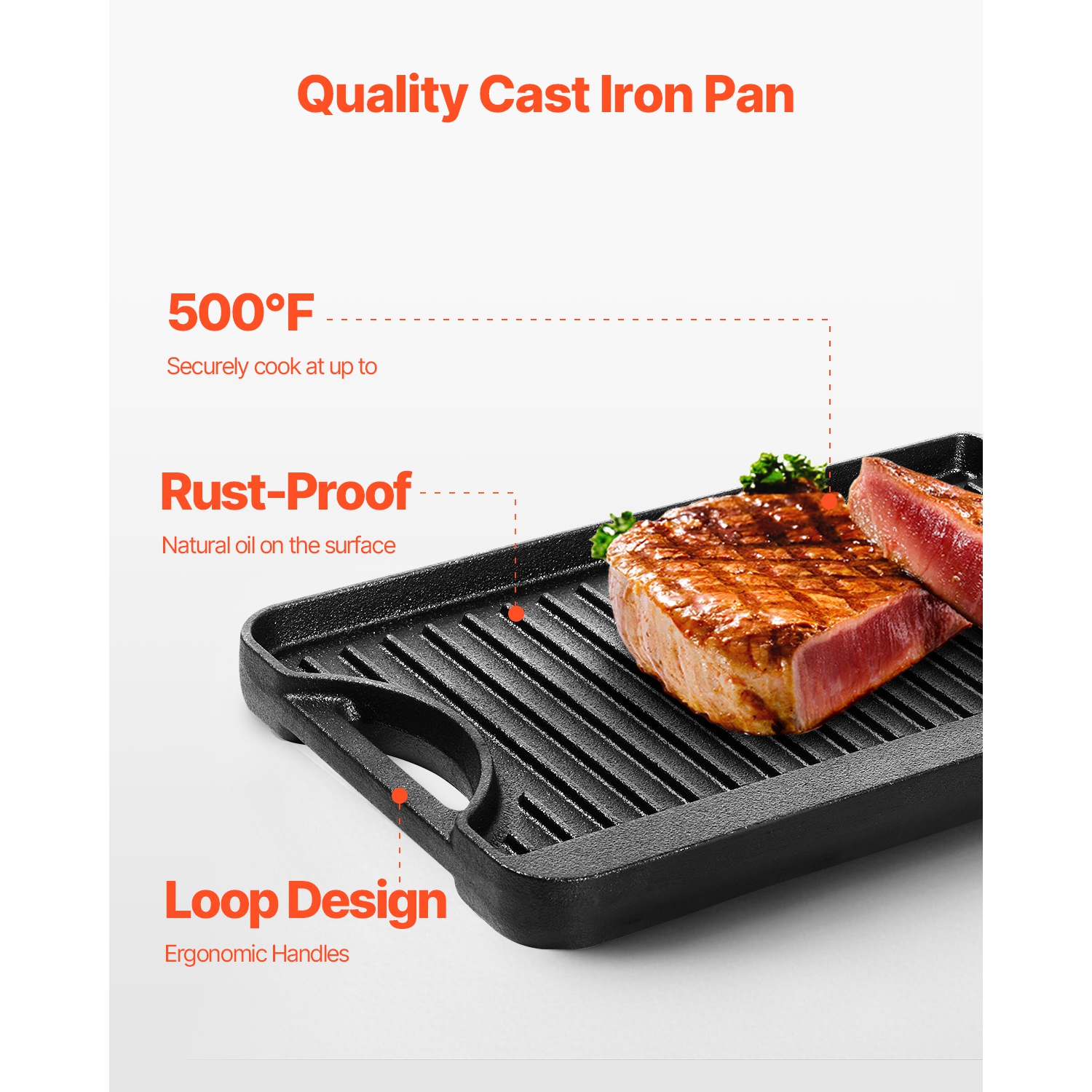 VEVOR 14x8.5 inch Reversible Grill/Griddle, Pre-Seasoned Cast Iron Griddle, Portable Rectangular Pan with Handle, Family Cookware for Indoor/Outdoor