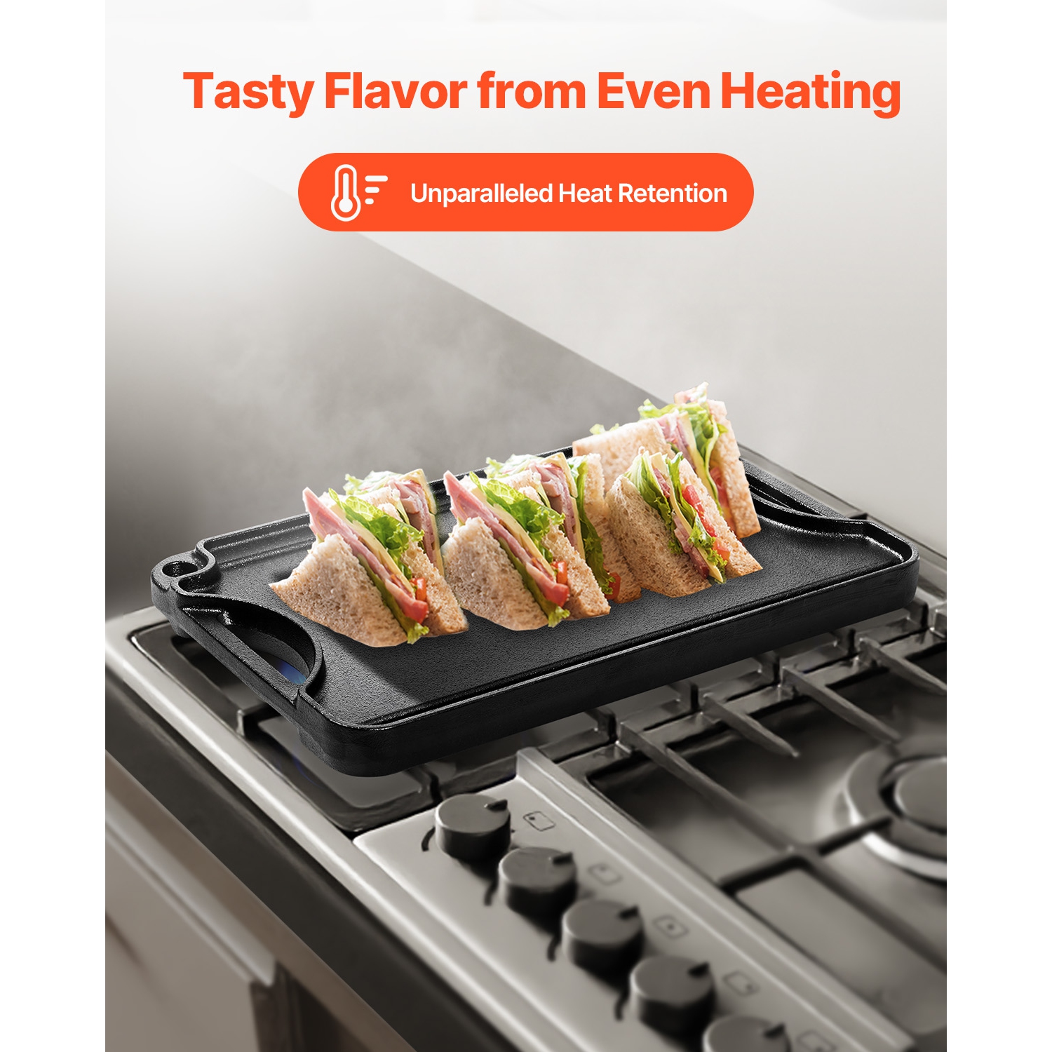 VEVOR 14x8.5 inch Reversible Grill/Griddle, Pre-Seasoned Cast Iron Griddle, Portable Rectangular Pan with Handle, Family Cookware for Indoor/Outdoor