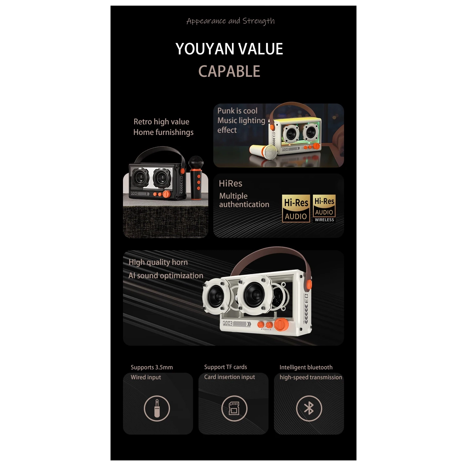 Nouveau haut-parleur Bluetooth K Song avec microphone 10&nbsp;W style mecha punk transparent, style rétro novateur portable - avec microphone unique