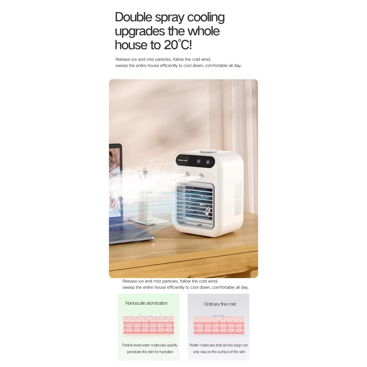 Cooling fan household small air conditioner, fan cooling spray humidification electric desktop fan mobile cooling fan portable, ultra-quiet design