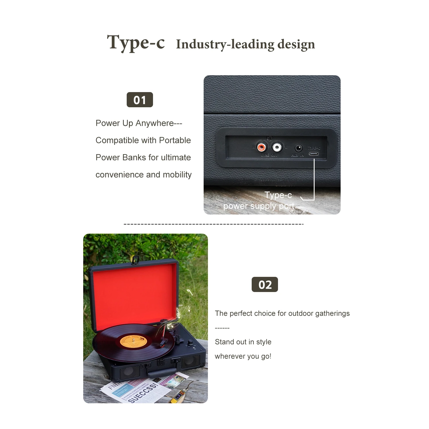 Lecteur de disques vinyle Vintage Phonographe portable 33/45/78 RPM Tourne-disque vinyle Bluetooth 5,3, Bluetooth sans fil + Stylet rubis + Qualité