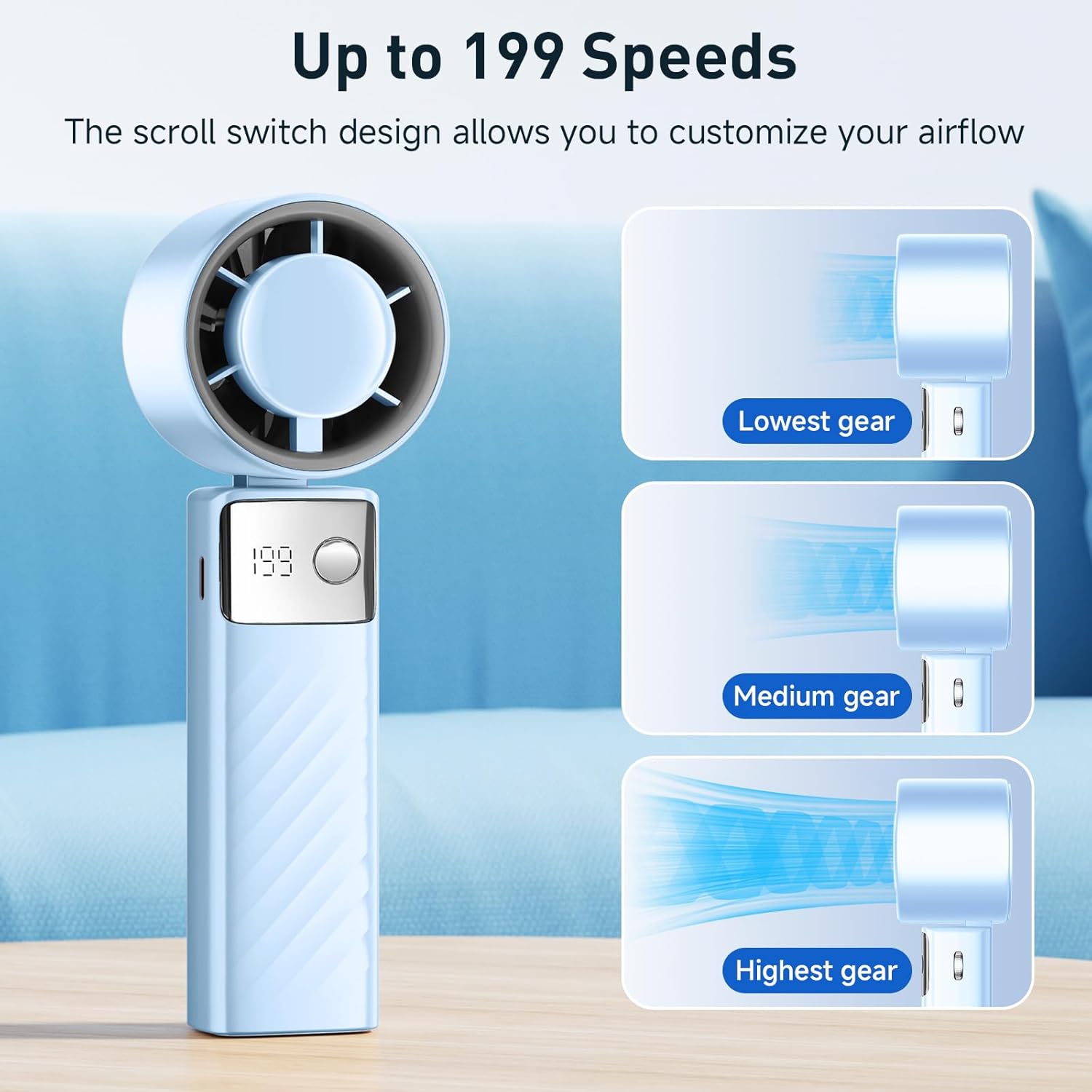 Ventilateur turbo portatif, 1-199 réglages de vitesse du vent, affichage LED,modèle standard JF132 Changchun bleu [super haute vitesse 199 vitesses +