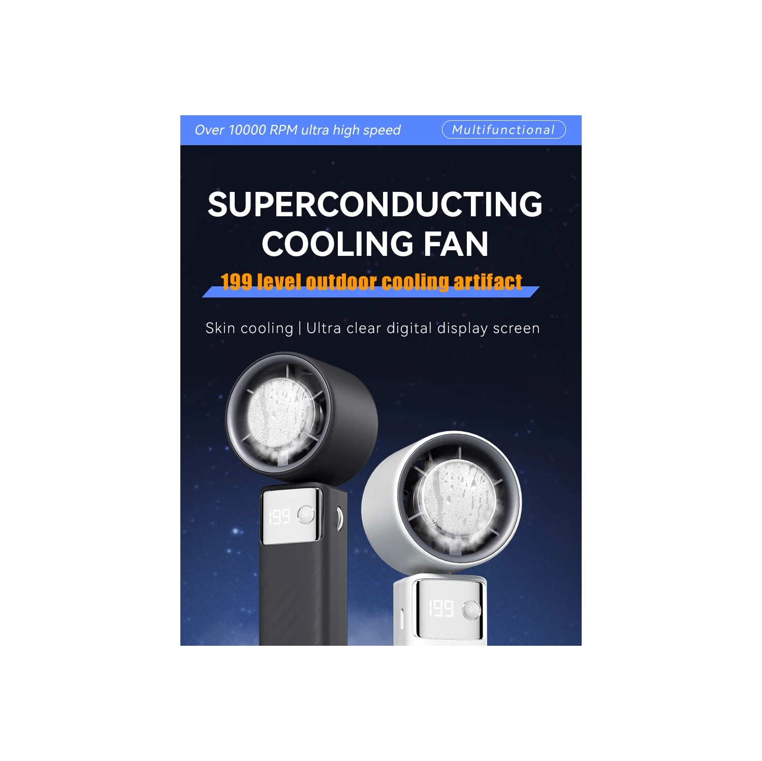 Ventilateur turbo portatif, 1-199 réglages de vitesse du vent, affichage LED,JF132 Blanc Lune glacée [vitesse du vent ultra-élevée de 199 + affichage