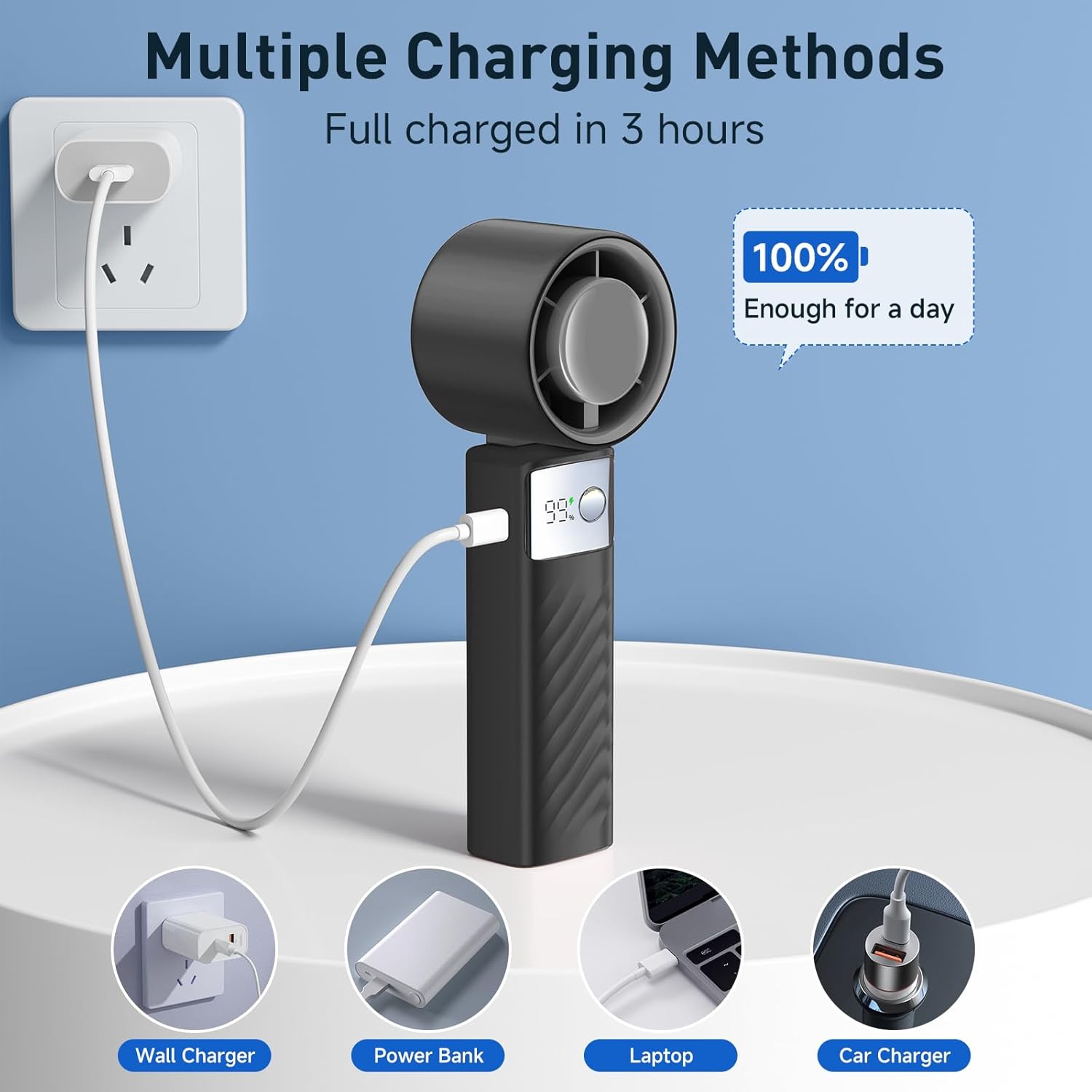 Ventilateur turbo portatif, réglage de la vitesse du vent à 1-199°, écran LED,modèle régulier JF132 noir élégant [super haute vitesse 199 vitesses +