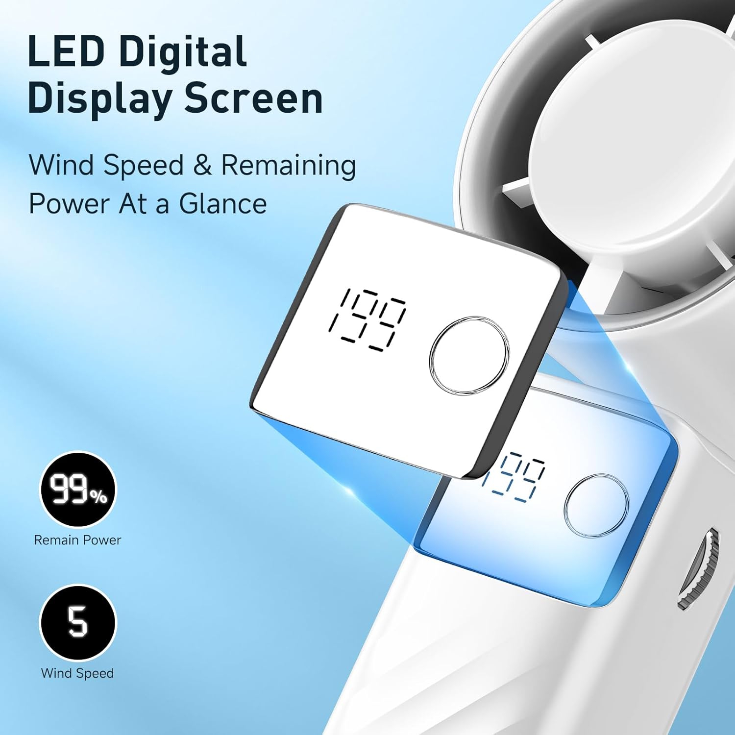 Portable handheld turbo fan, 1-199 wind speed adjustment, LED display,JF132 regular model moonlight white [super high speed 199 gears + digital