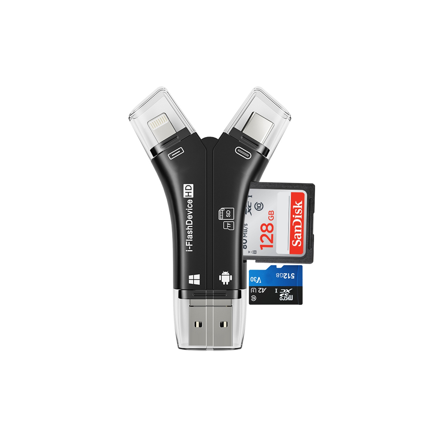 4-in-1 card reader, suitable for Apple Type-C multi-function computer mobile phone dual-purpose SD/TF mobile phone card reader 4-in-1 - black