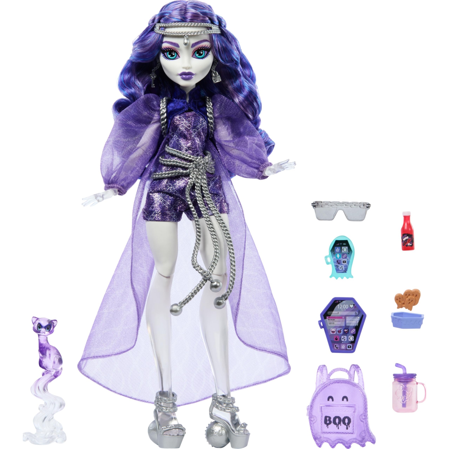 Monster High Spectra Vondergeist avec Pet Ferret Rhuen et des accessoires comme sac à dos, tablette, collations et plus encore
