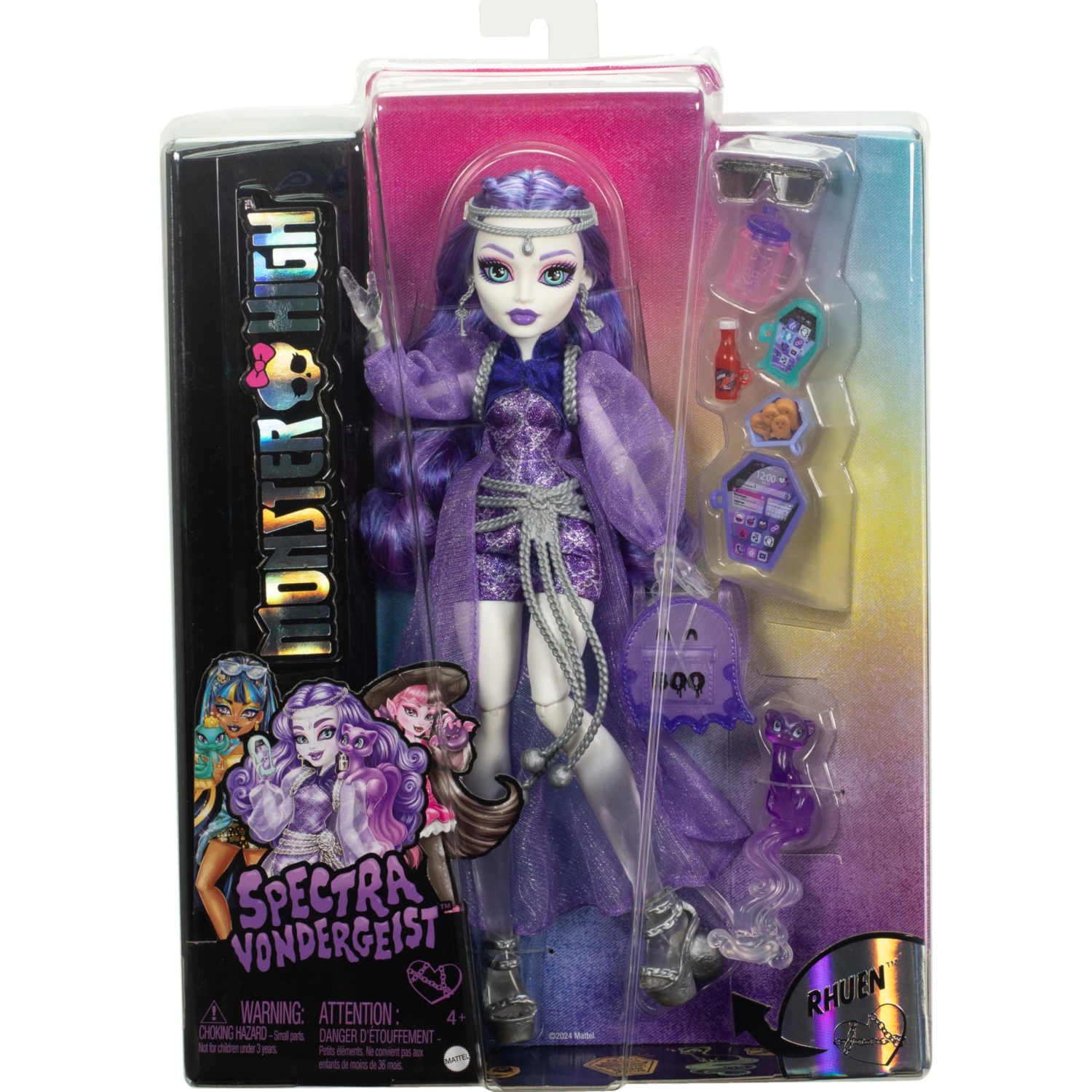 Monster High Spectra Vondergeist avec Pet Ferret Rhuen et des accessoires comme sac à dos, tablette, collations et plus encore
