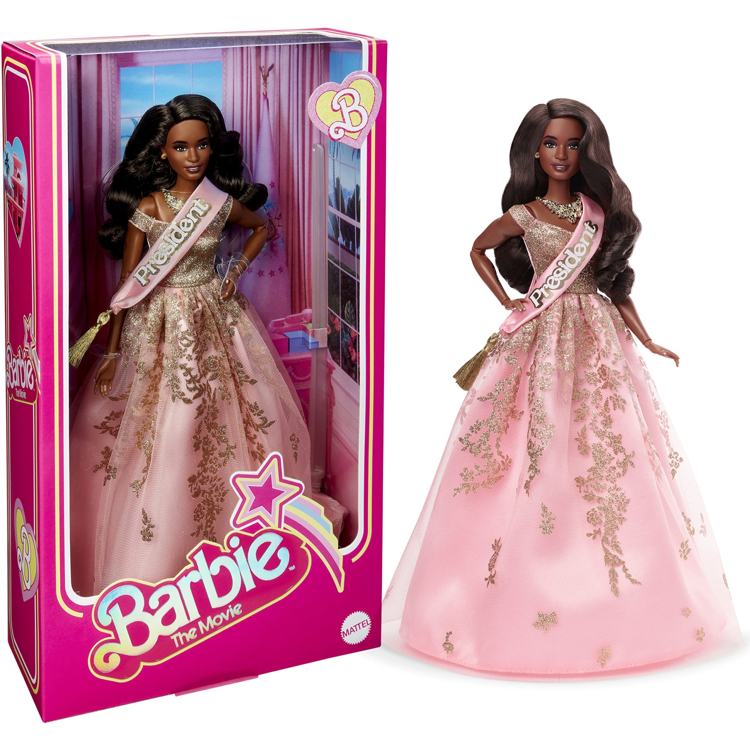 Barbie The Movie Doll, President Barbie Collectible Wearing Shimmery Pink and Gold Dress with Sash