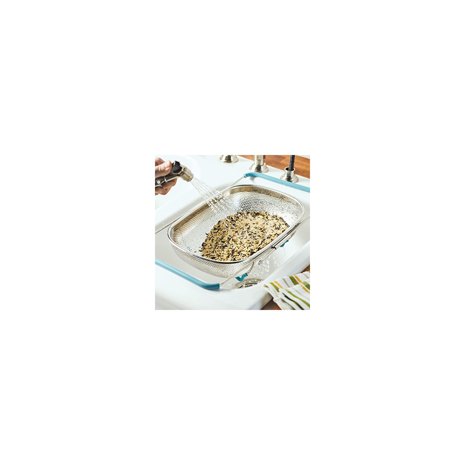 Rachael Ray Tools and Gadgets Over-The-Sink Colander/Strainer, 4.5 Quart, Stainless Steel with Agave Blue Handles