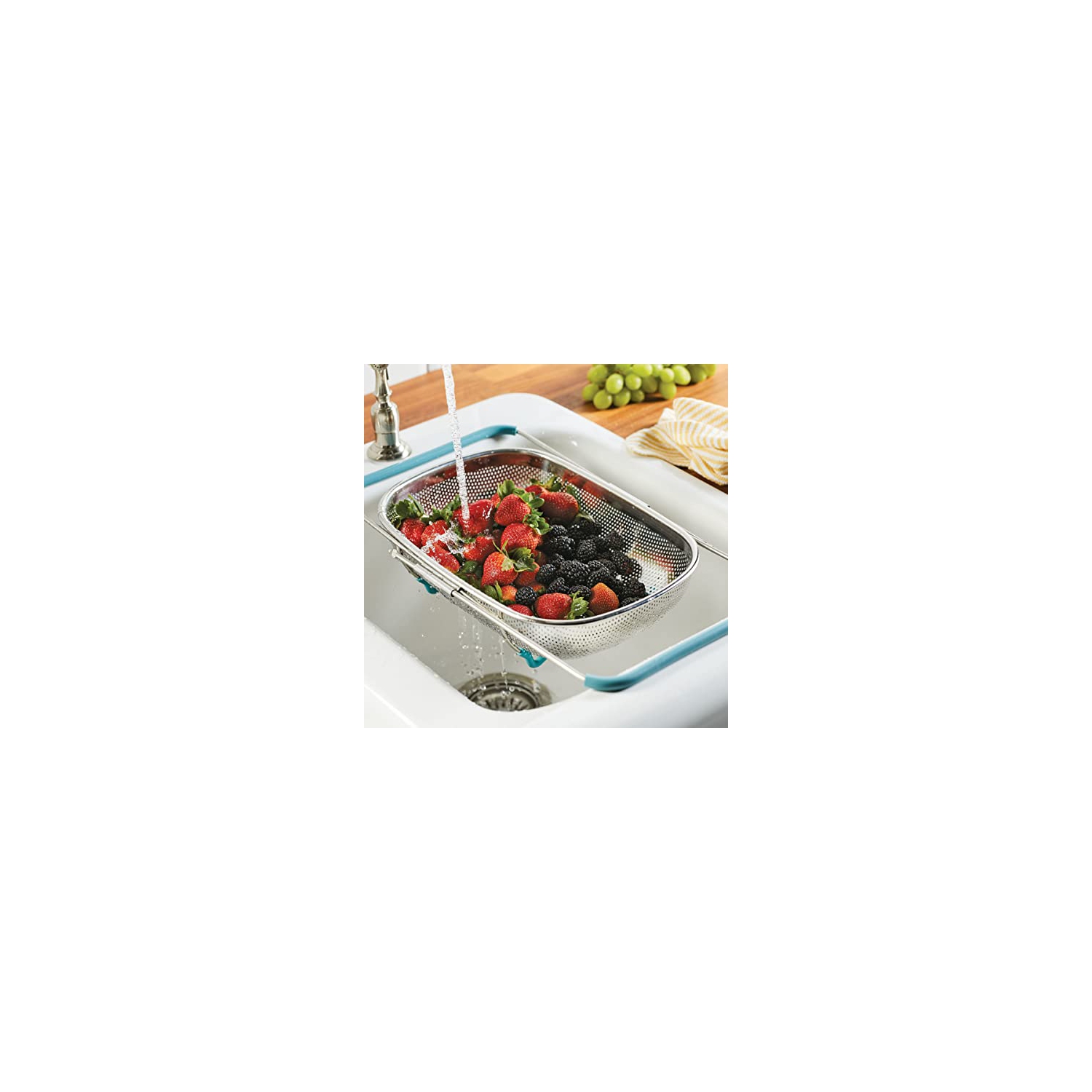 Rachael Ray Tools and Gadgets Over-The-Sink Colander/Strainer, 4.5 Quart, Stainless Steel with Agave Blue Handles