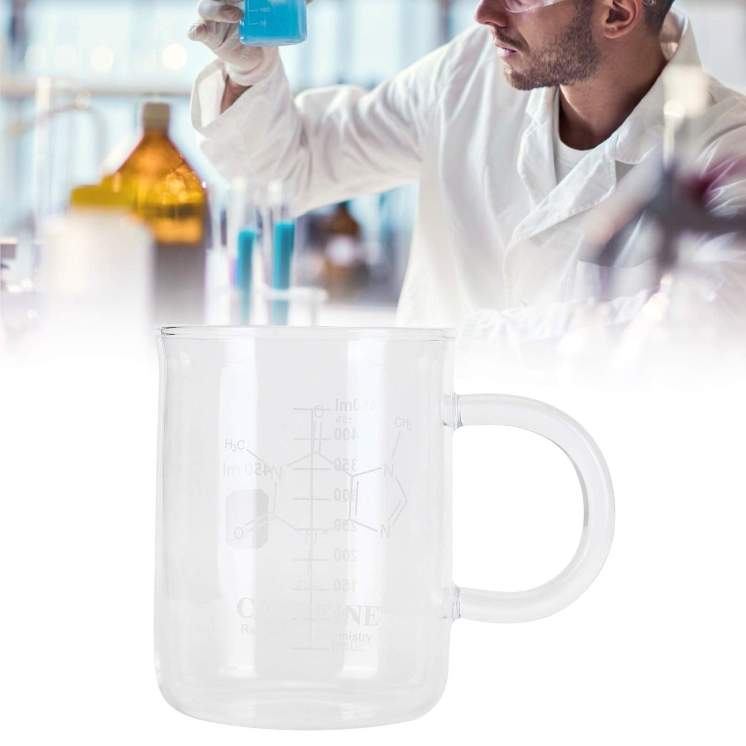 Tasse cafféine Beaker, tasse en verre borosilicaté avec poignée et balance de mesure pour les boissons chaudes et froides.