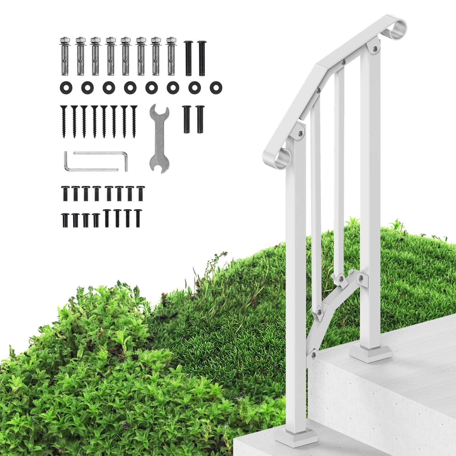 VEVOR Handrails for Outdoor Steps, 1-2 Step Stair Hand Rail Kit, Transitional Carbon Steel Railings with Installation Kit, for Seniors, Concrete