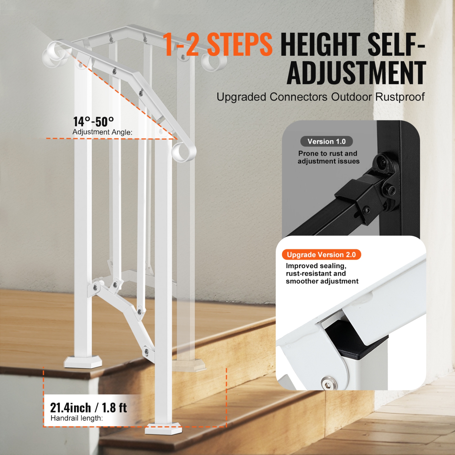 VEVOR Handrails for Outdoor Steps, 1-2 Step Stair Hand Rail Kit, Transitional Carbon Steel Railings with Installation Kit, for Seniors, Concrete