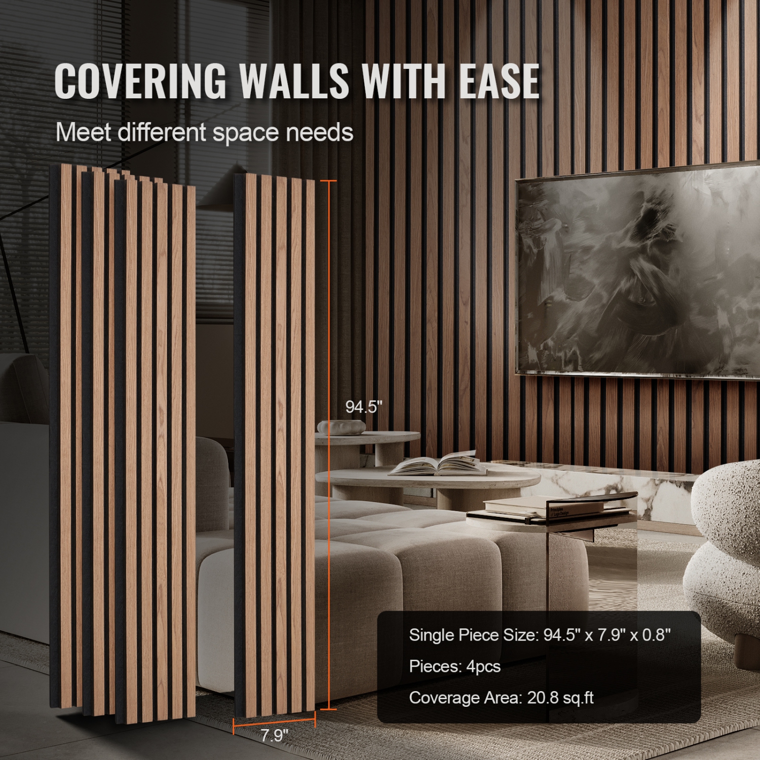 VEVOR 7.9 x 94.5 inch Wood Slat Acoustic Panels, MDF Accent Wooden Wall Panels for Modern Interior Wall, Faux Wood Wall Board Panels for Stylish