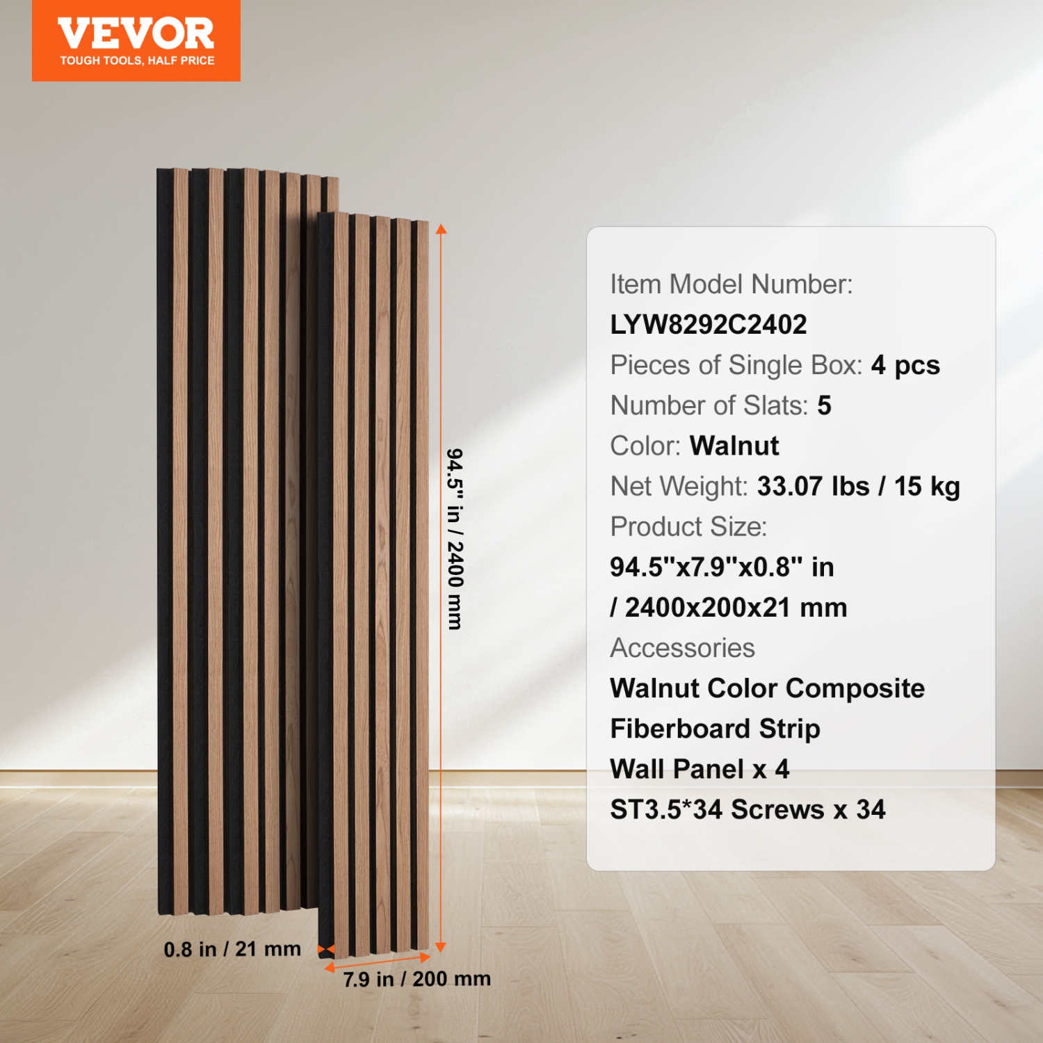 VEVOR 7.9 x 94.5 inch Wood Slat Acoustic Panels, MDF Accent Wooden Wall Panels for Modern Interior Wall, Faux Wood Wall Board Panels for Stylish