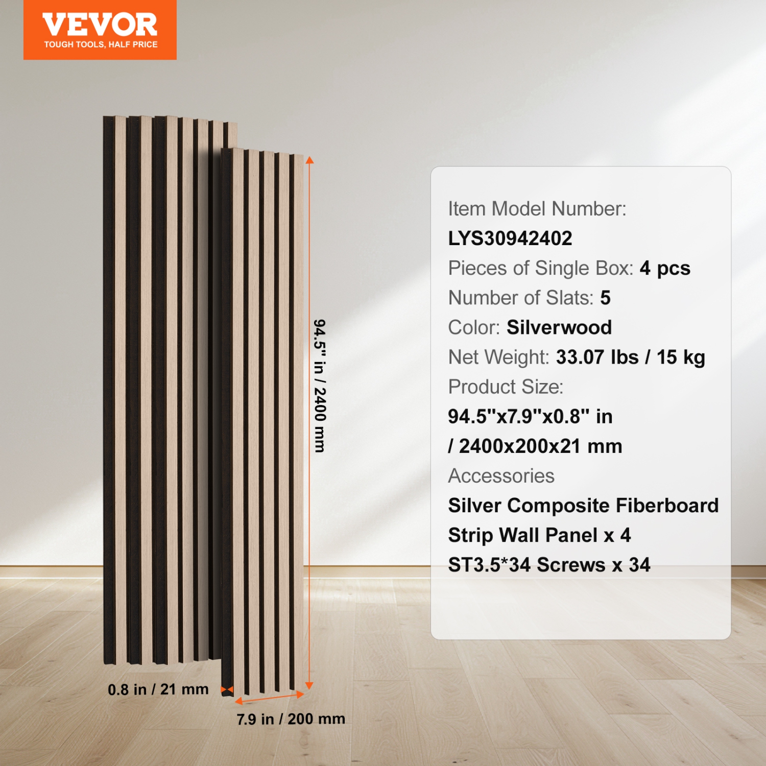 VEVOR 7.9 x 94.5 inch Wood Slat Acoustic Panels, MDF Accent Wooden Wall Panels for Modern Interior Wall Decor, Faux Wood Wall Board Panels for Noise