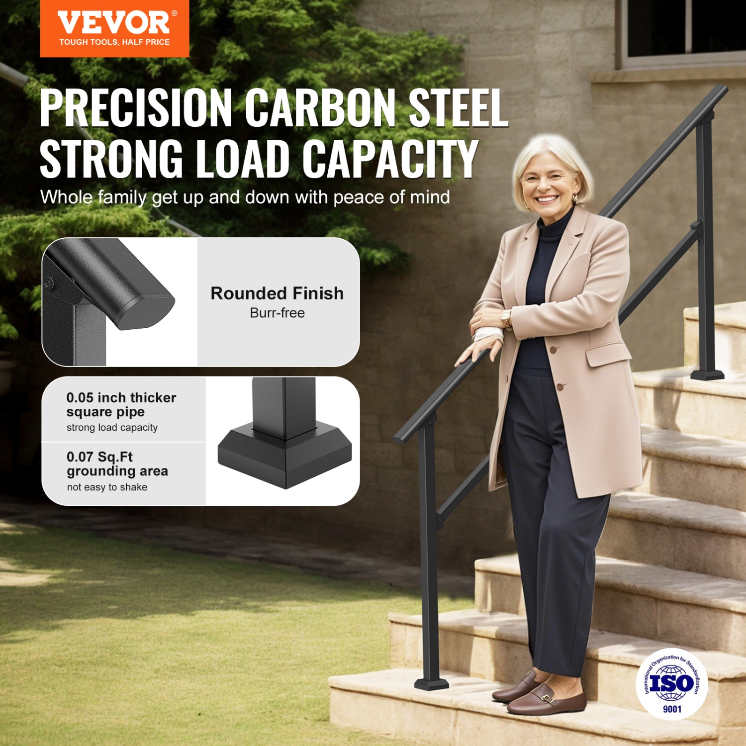 VEVOR Handrails for Outdoor Steps, 5-6 Step Stair Hand Rail Kit, Transitional Carbon Steel Railings with Installation Kit, for Seniors, Concrete