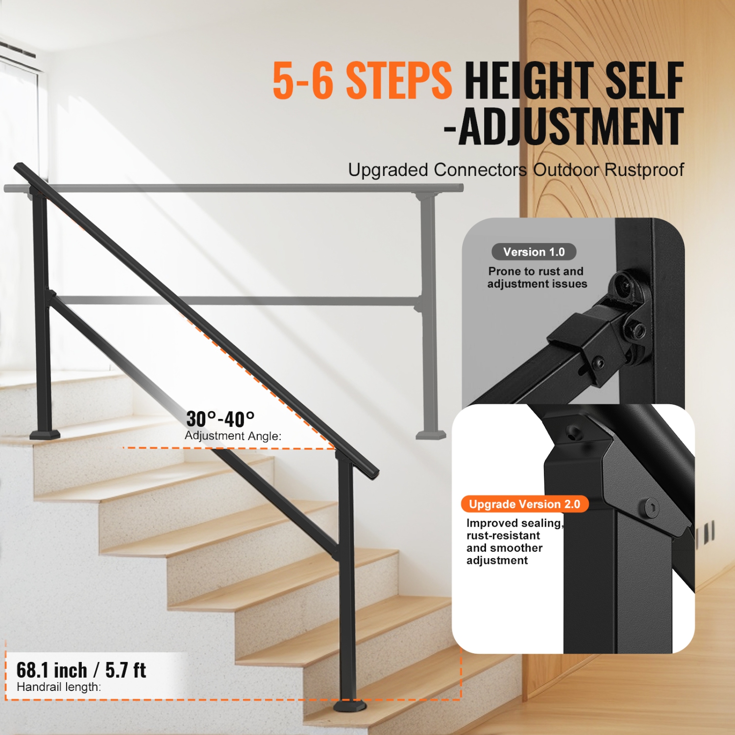 VEVOR Handrails for Outdoor Steps, 5-6 Step Stair Hand Rail Kit, Transitional Carbon Steel Railings with Installation Kit, for Seniors, Concrete