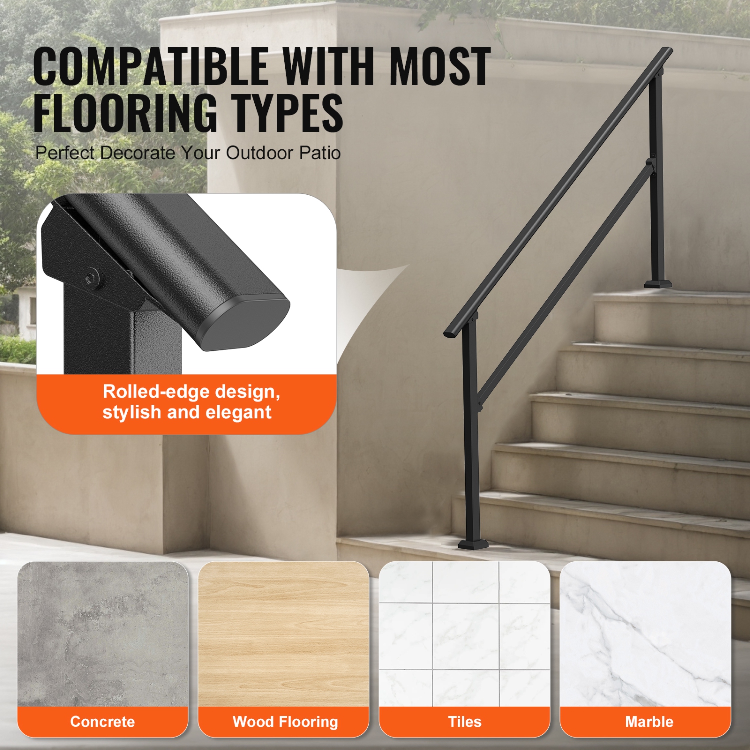 VEVOR Handrails for Outdoor Steps, 5-6 Step Stair Hand Rail Kit, Transitional Carbon Steel Railings with Installation Kit, for Seniors, Concrete