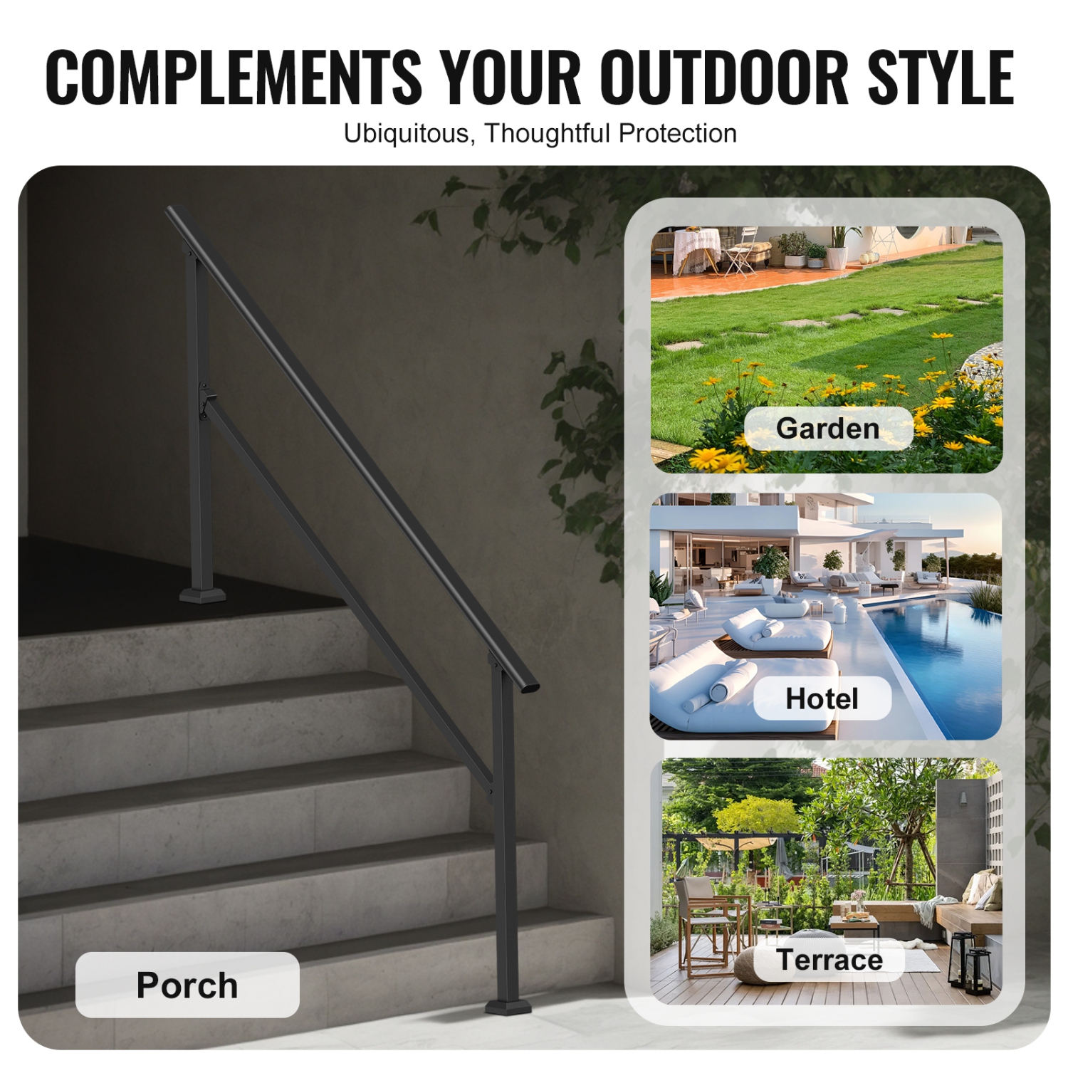 VEVOR Handrails for Outdoor Steps, 5-6 Step Stair Hand Rail Kit, Transitional Carbon Steel Railings with Installation Kit, for Seniors, Concrete
